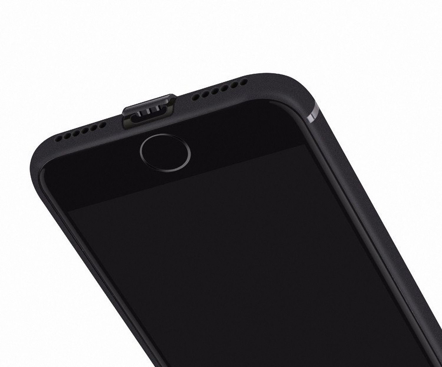 Schwarzes Telefon, Nahaufnahme der Oberseite, mit Kameralinse und Lautsprecherlöchern sichtbar.