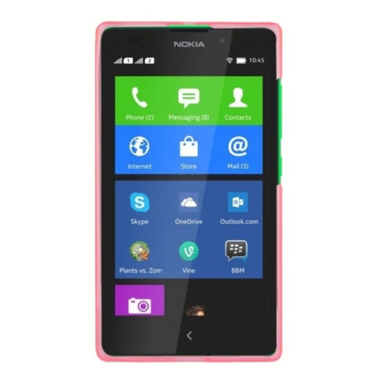 Nokia-Telefon mit Symbolen, rosa Rand. Der Bildschirm zeigt App-Symbole.