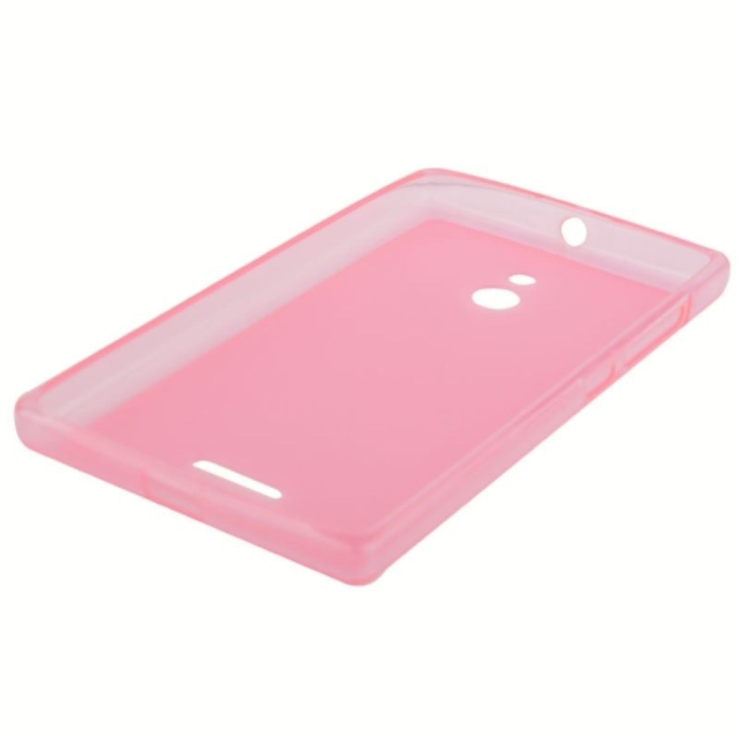Eine rosa Handyhülle, rechteckig mit Aussparungen für Kamera und andere Funktionen.