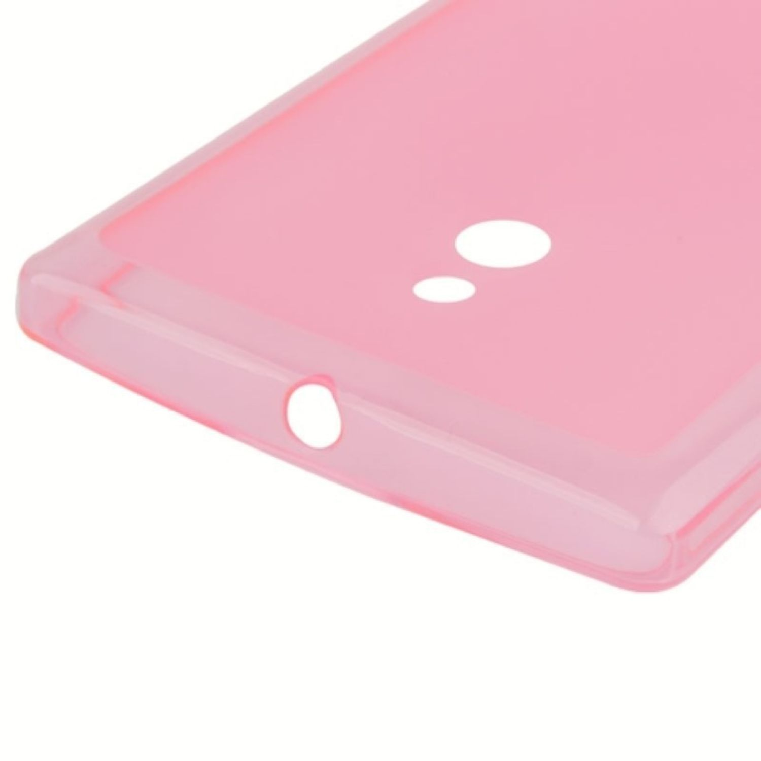 Nahaufnahme einer rosa Handyhülle mit Löchern. Der Hintergrund ist schlicht weiß.