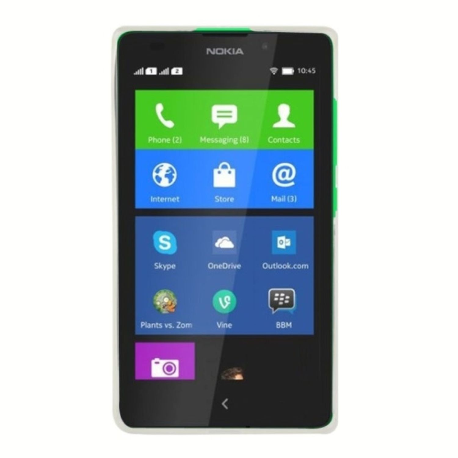 Nokia-Telefon mit Icons auf dem Bildschirm. Hat einen weißen Rahmen und grüne Akzente.