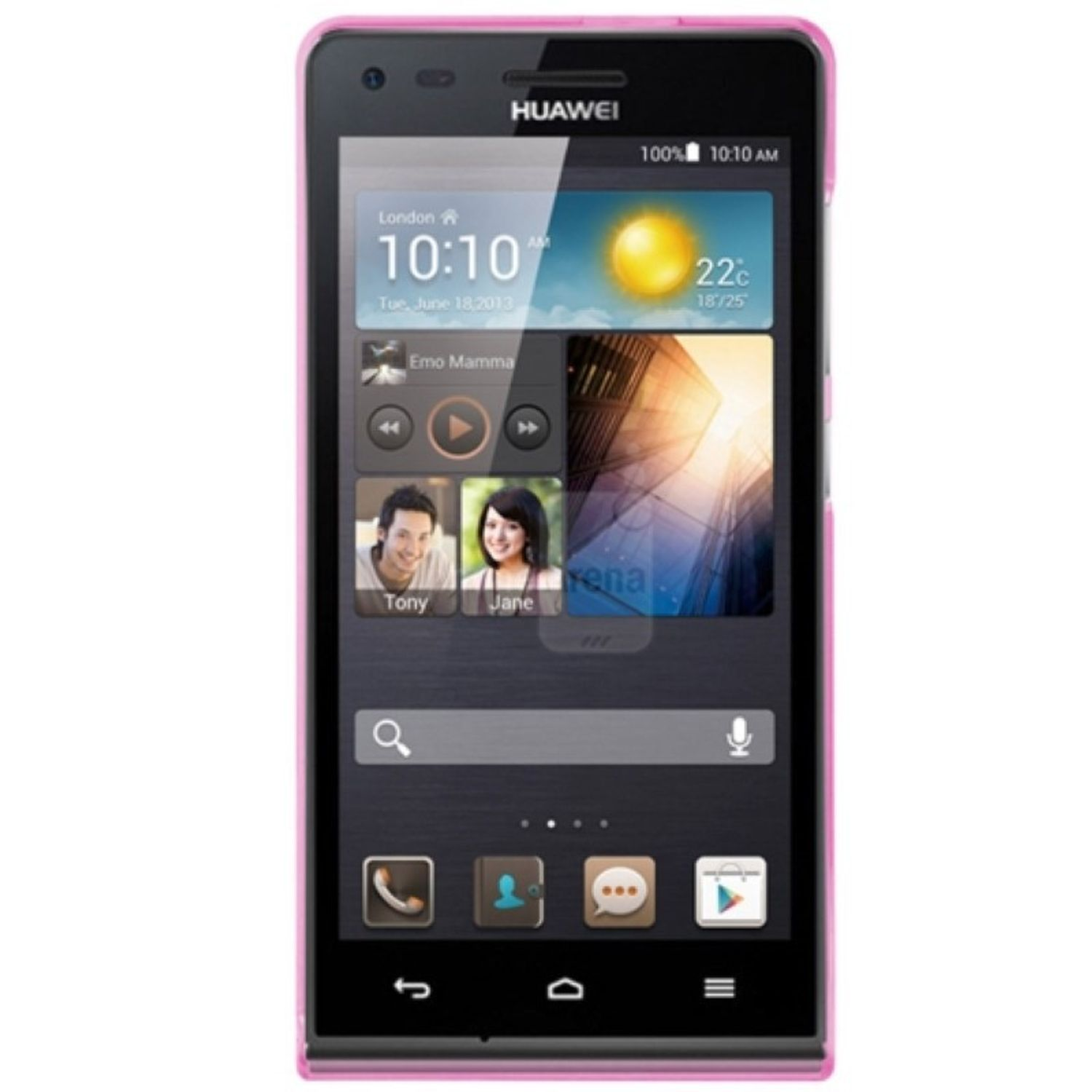 Ein Smartphone mit pinkfarbener Hülle. Der Bildschirm zeigt eine Oberfläche.