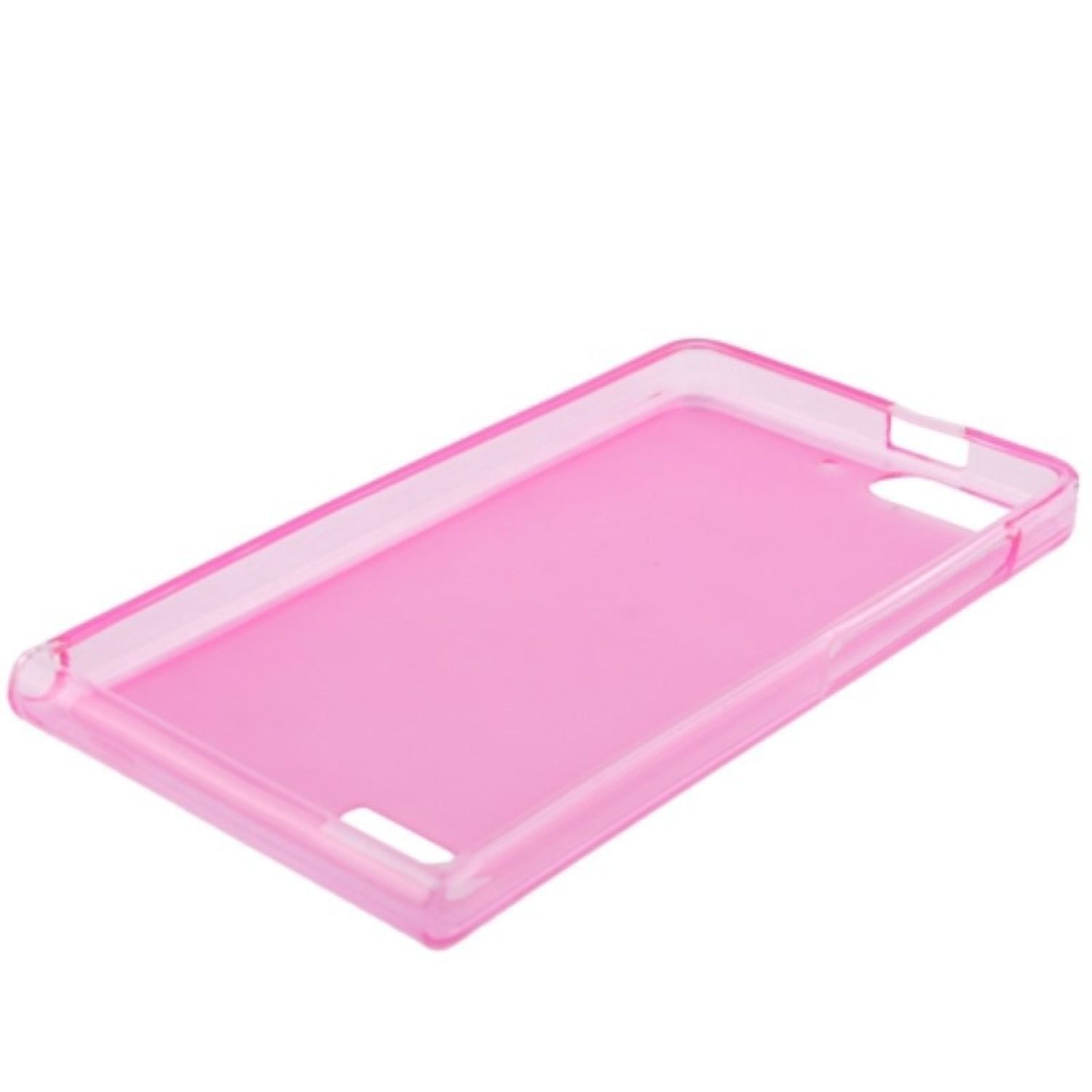 Pinkfarbene Handyhülle, abgewinkelt, mit Aussparungen für Tasten und Anschlüsse, schlichtes Design.