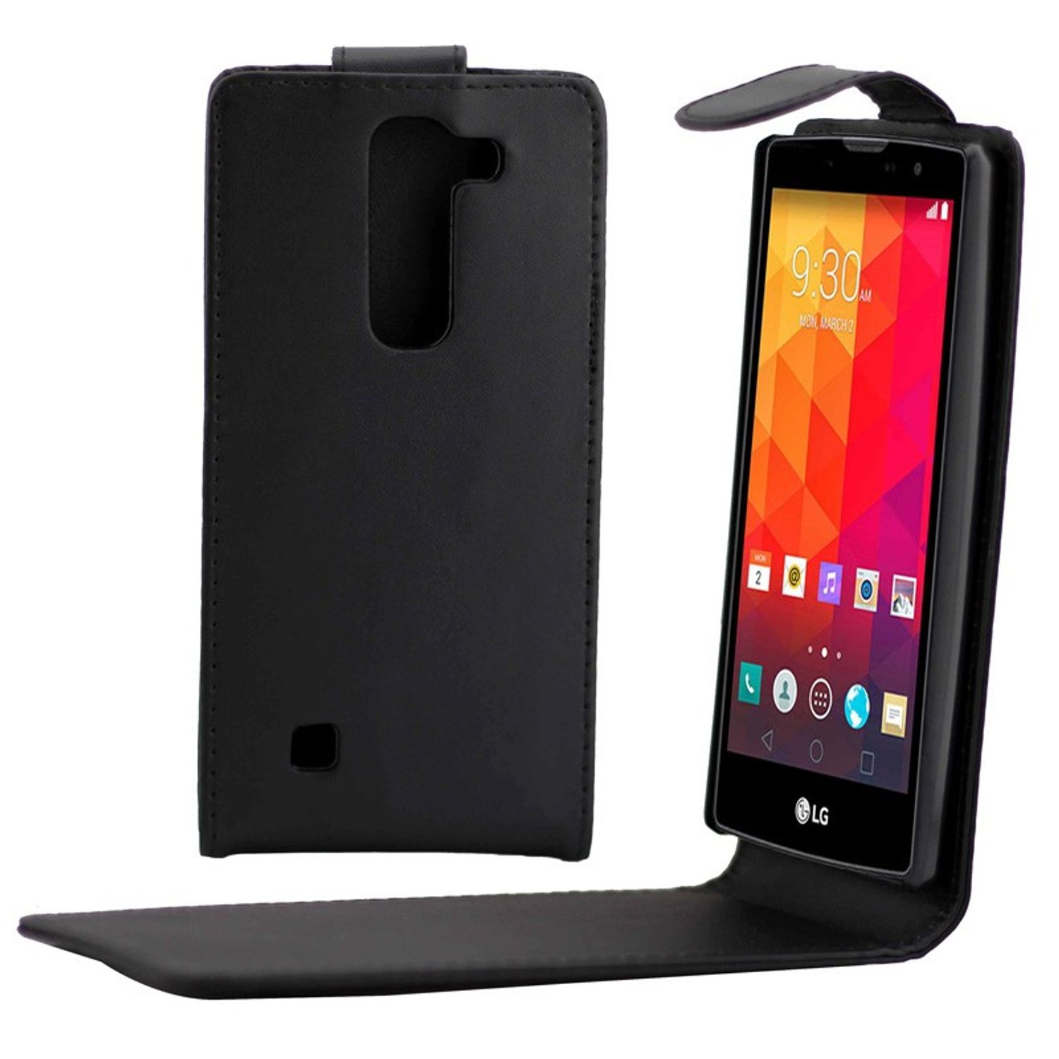 Schwarzes Telefon in schwarzem Etui, geöffnet. Zeigt den Bildschirm des Telefons. Geschlossenes Etui daneben.