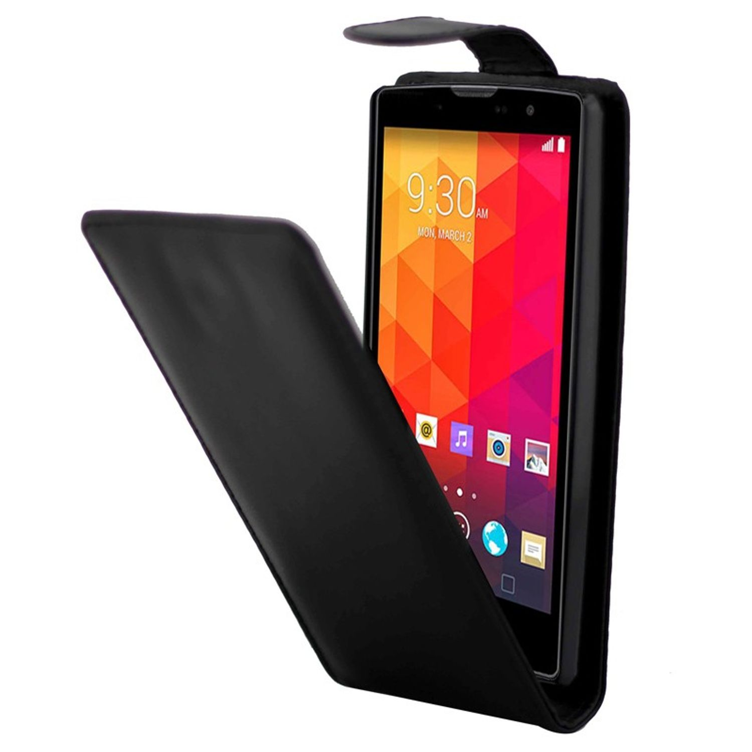 Schwarze Handyhülle mit Telefon darin. Das Telefon zeigt eine farbenfrohe Benutzeroberfläche. Hülle ist offen.