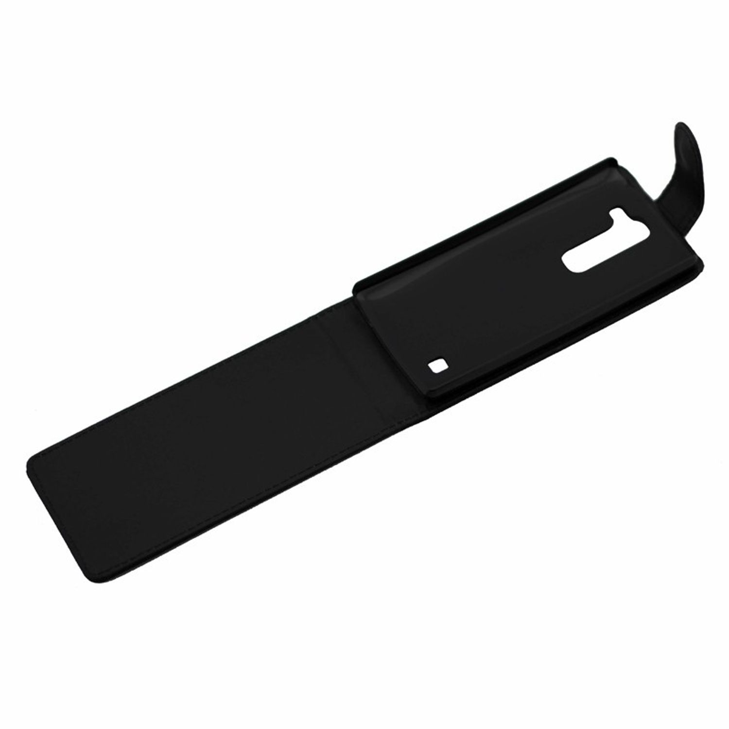 Eine schwarze Handyhülle geöffnet, die das Innere des Telefons zeigt.