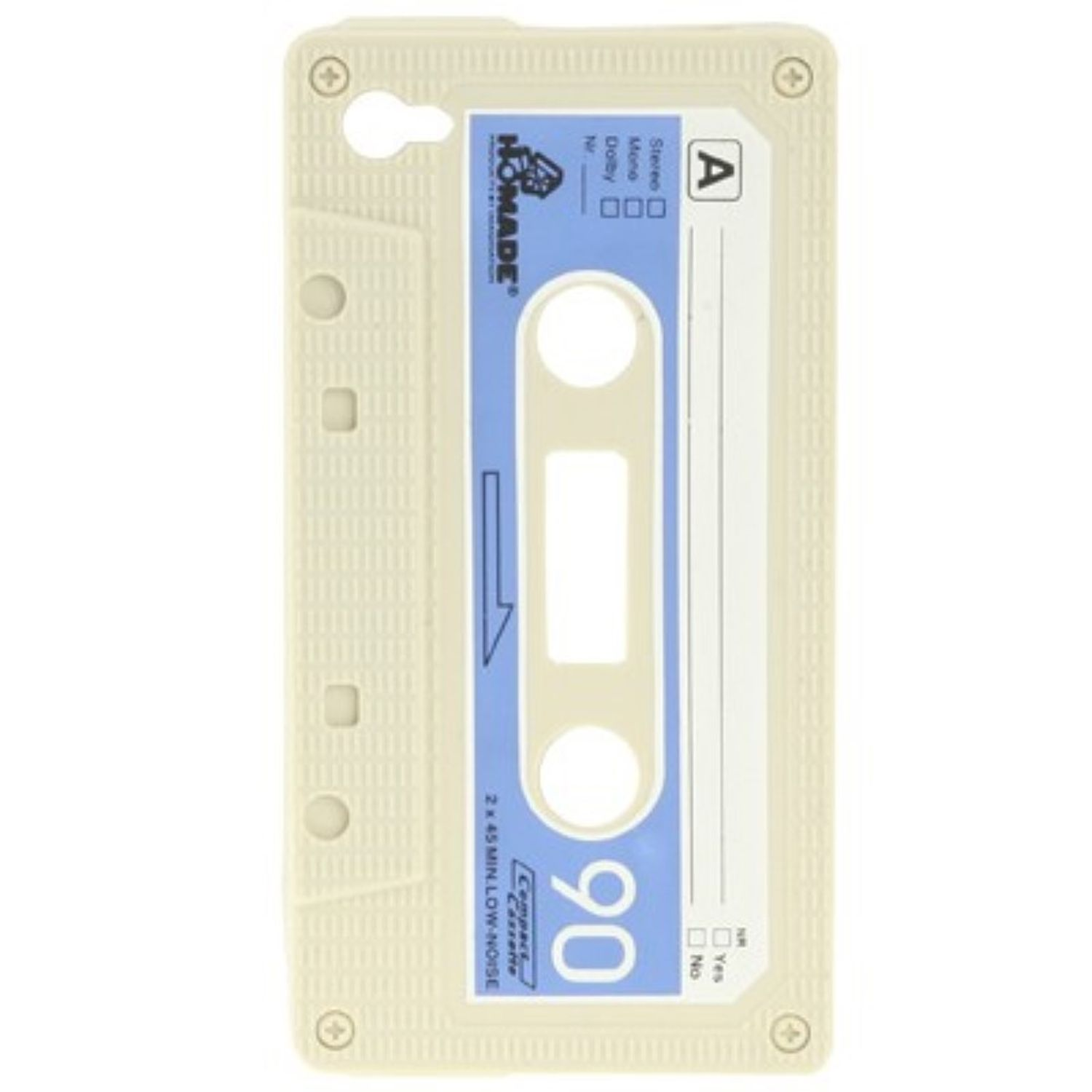 Eine Handyhülle mit Retro-Kassettenband-Design. Sie ist cremefarben und blau mit Text darauf.