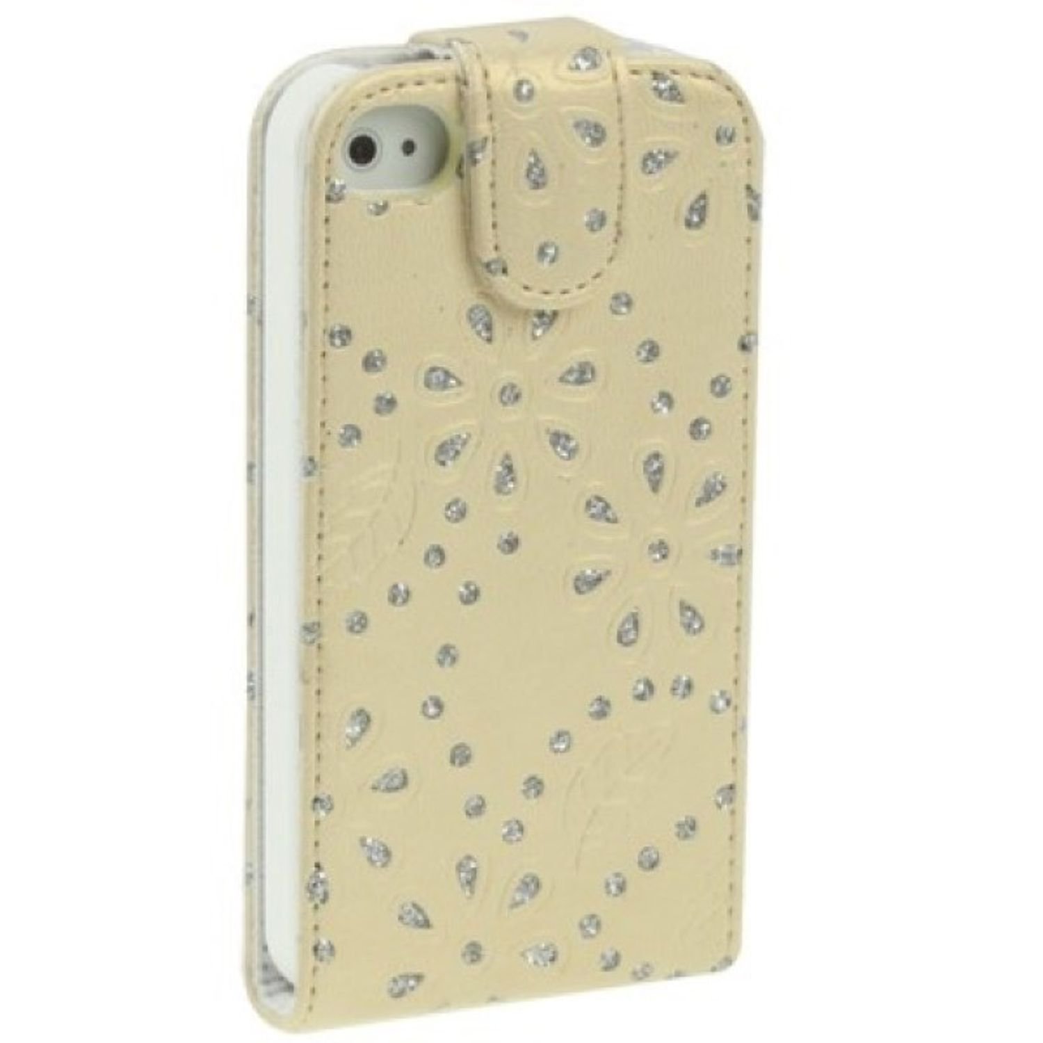 Beige Handyhülle mit silbernem Blumenmuster und Verschluss. Das Telefon ist darin.