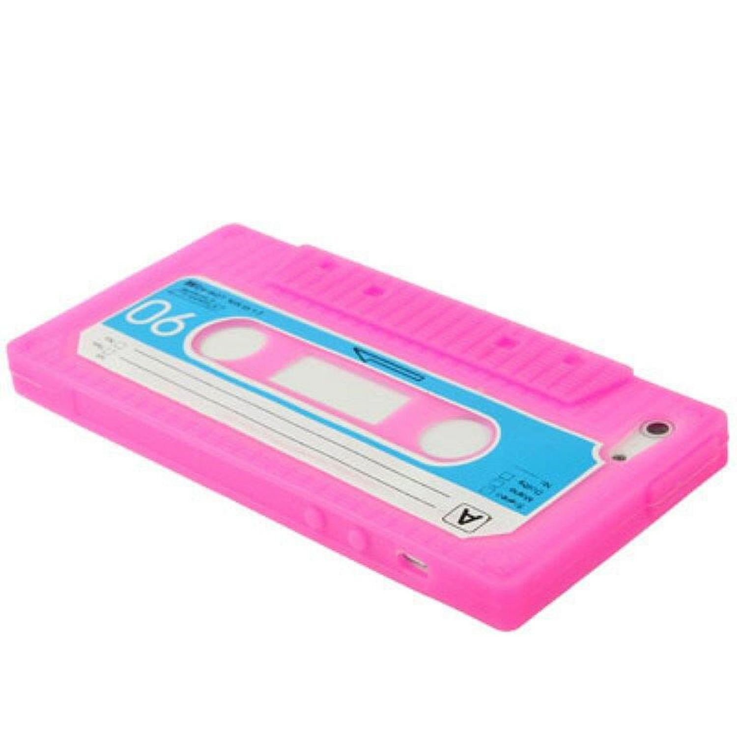Eine pinkfarbene Handytasche im Kassetten-Design.