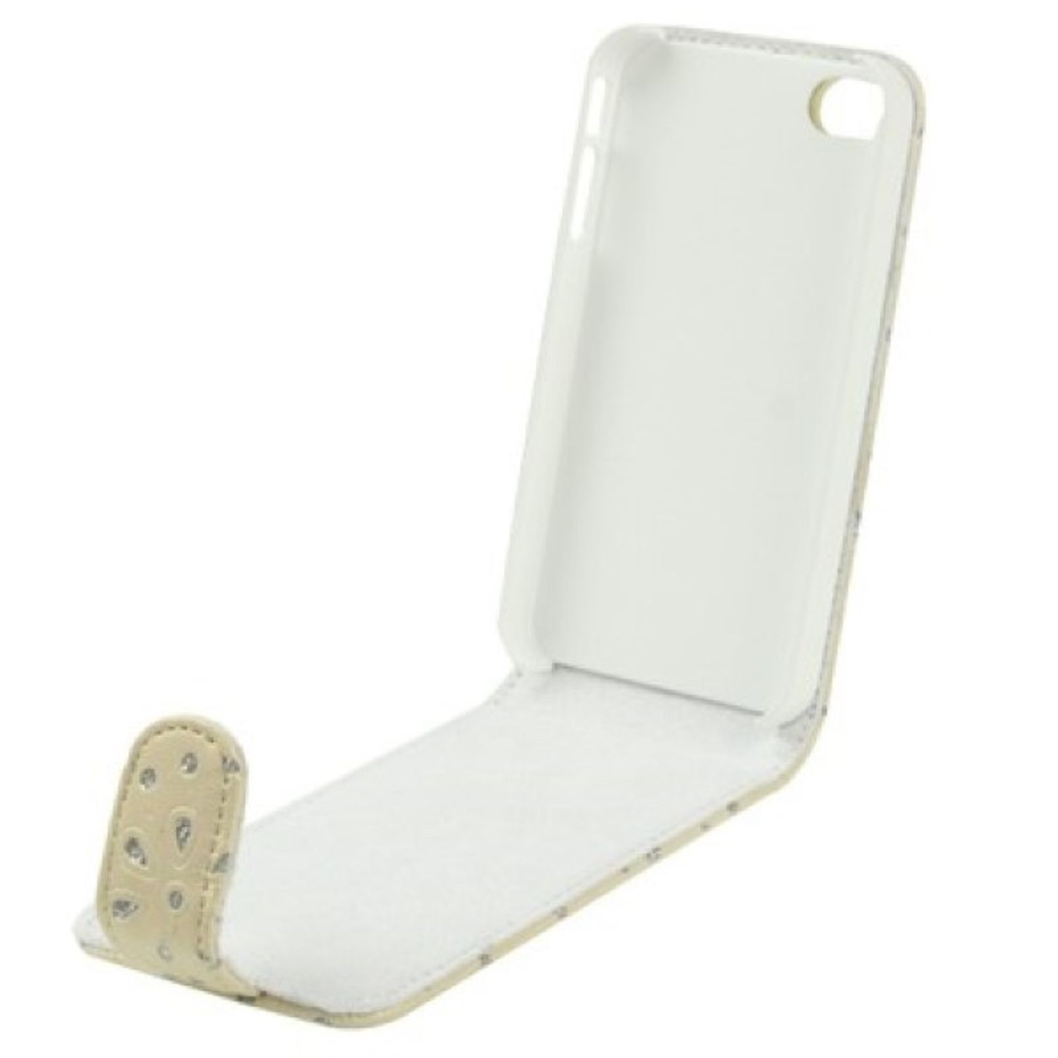 Beige Handyhülle, teilweise geöffnet. Sie hat eine kleine dekorative Klappe und ist abgewinkelt.