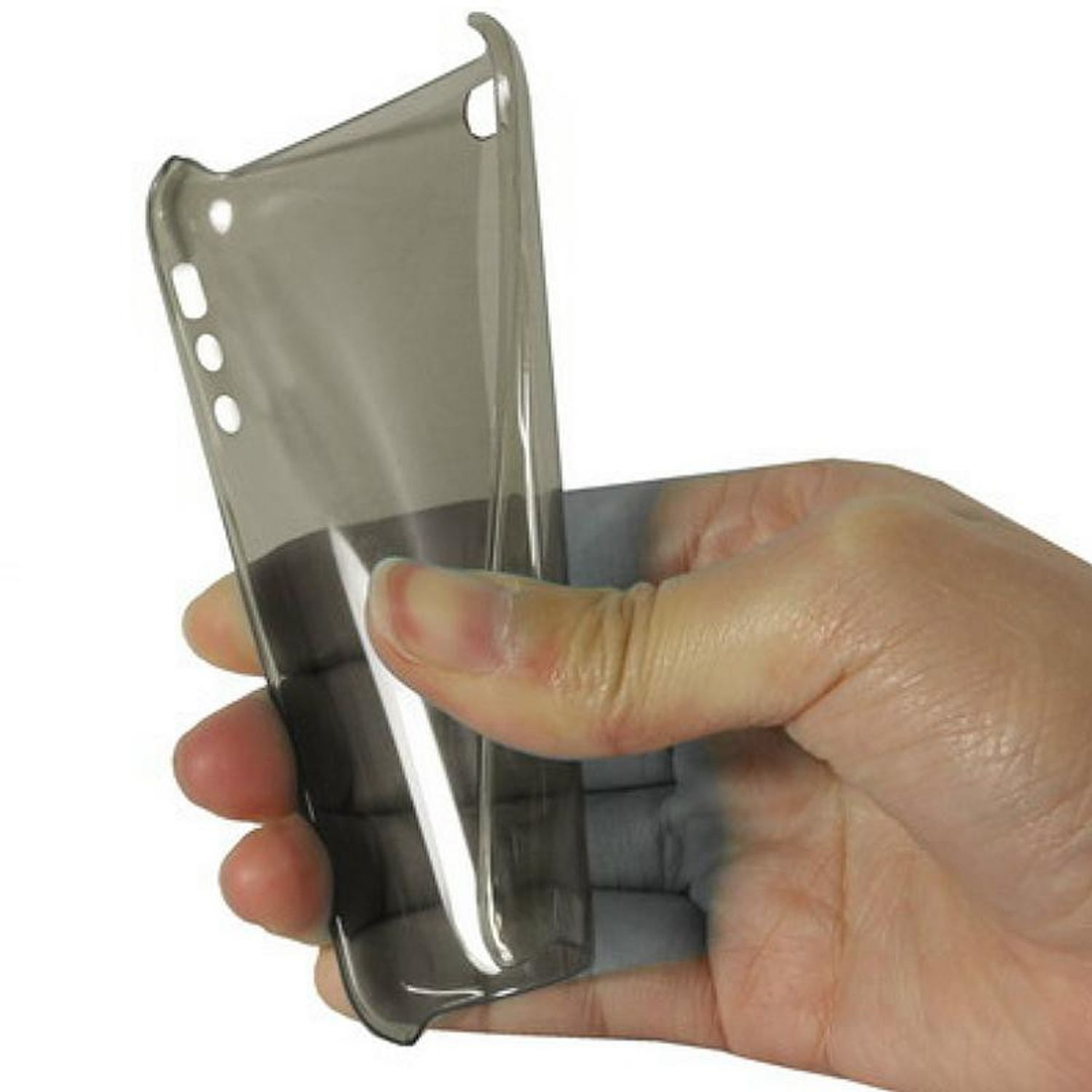 Eine Hand, die eine transparente Handyhülle hält. Grauer Hintergrund.