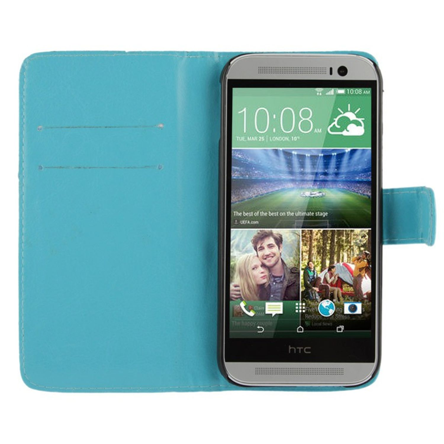 Blaue Handyhülle mit einem Telefon. Die Hülle ist offen und hat ein Bild auf dem Telefonbildschirm.