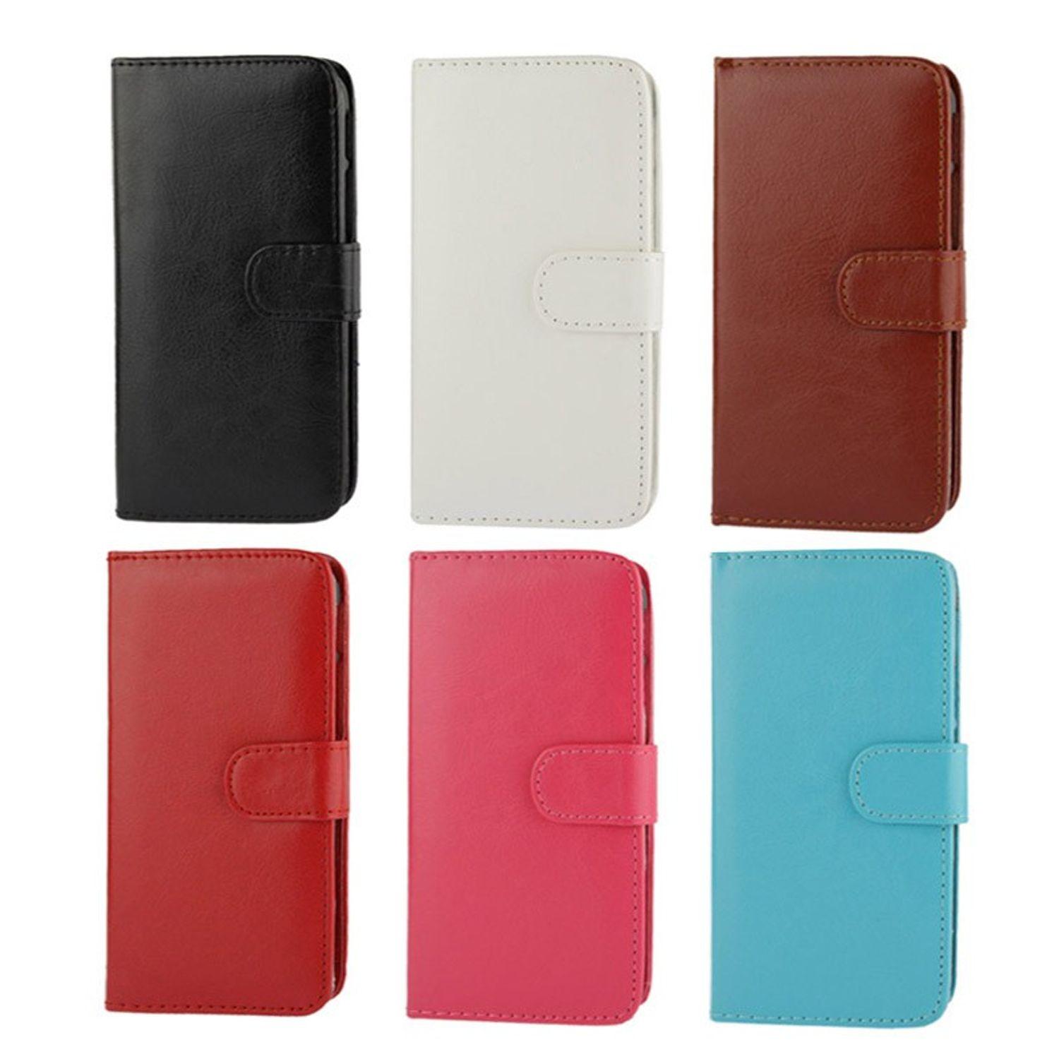 Sechs Handyhüllen. Schwarz, Weiß, Braun, Rot, Pink und Blau. Alle mit Magnetverschlüssen.