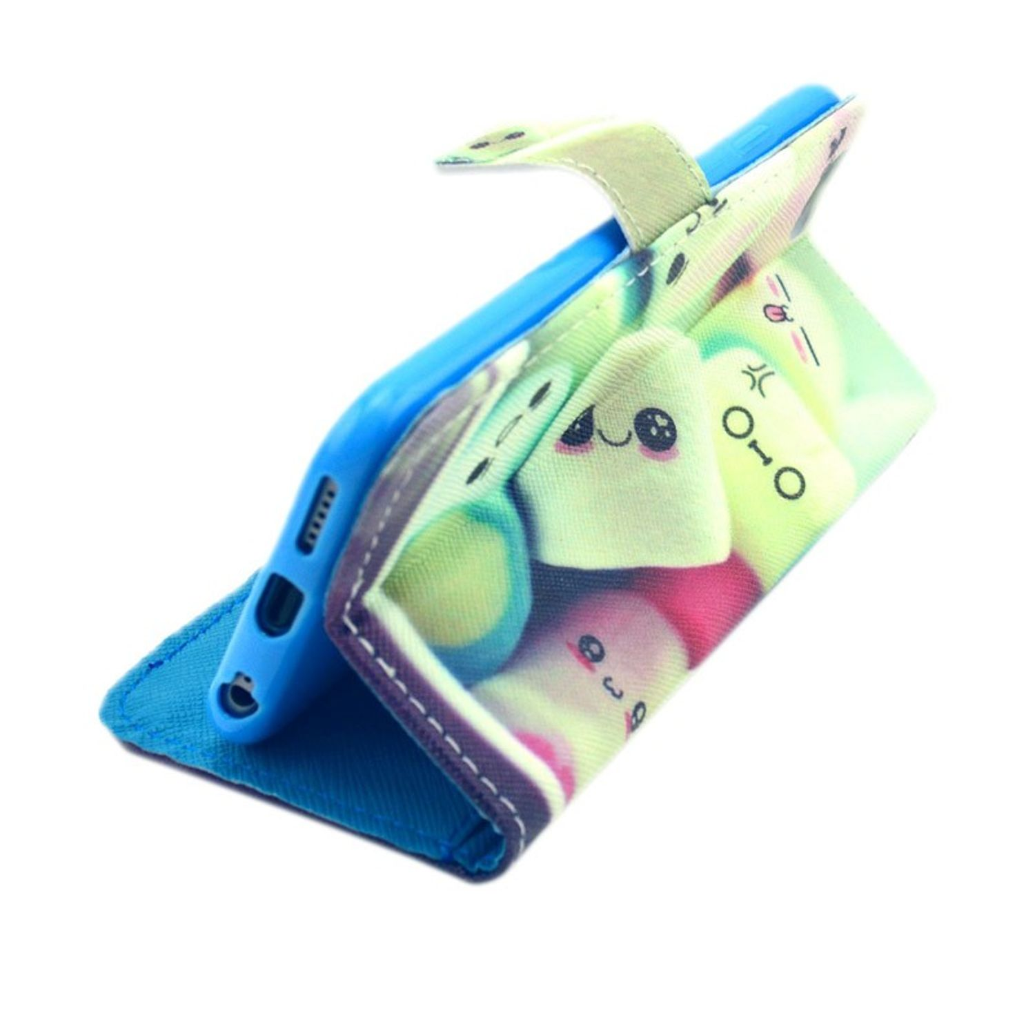 Ein blaues Telefon in einer Hülle mit Cartoon-Design. Die Hülle ist offen und zeigt das Telefon.