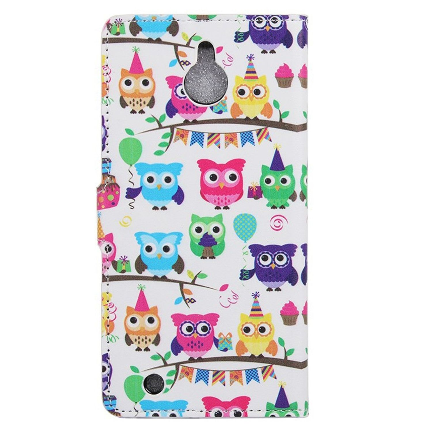 Weißes Handycase mit Eulen- und Party-Designs. Das Case ist geschlossen.