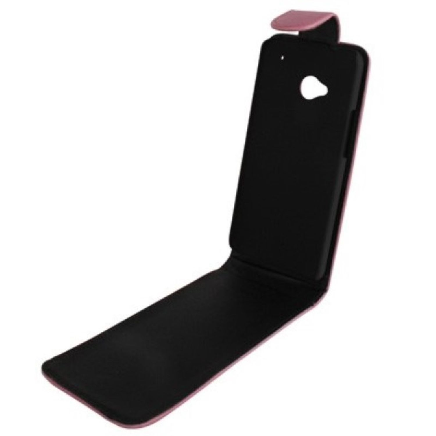 Schwarze Handyhülle, offen. Rosa Klappdeckel. Schwarzer Hintergrund.