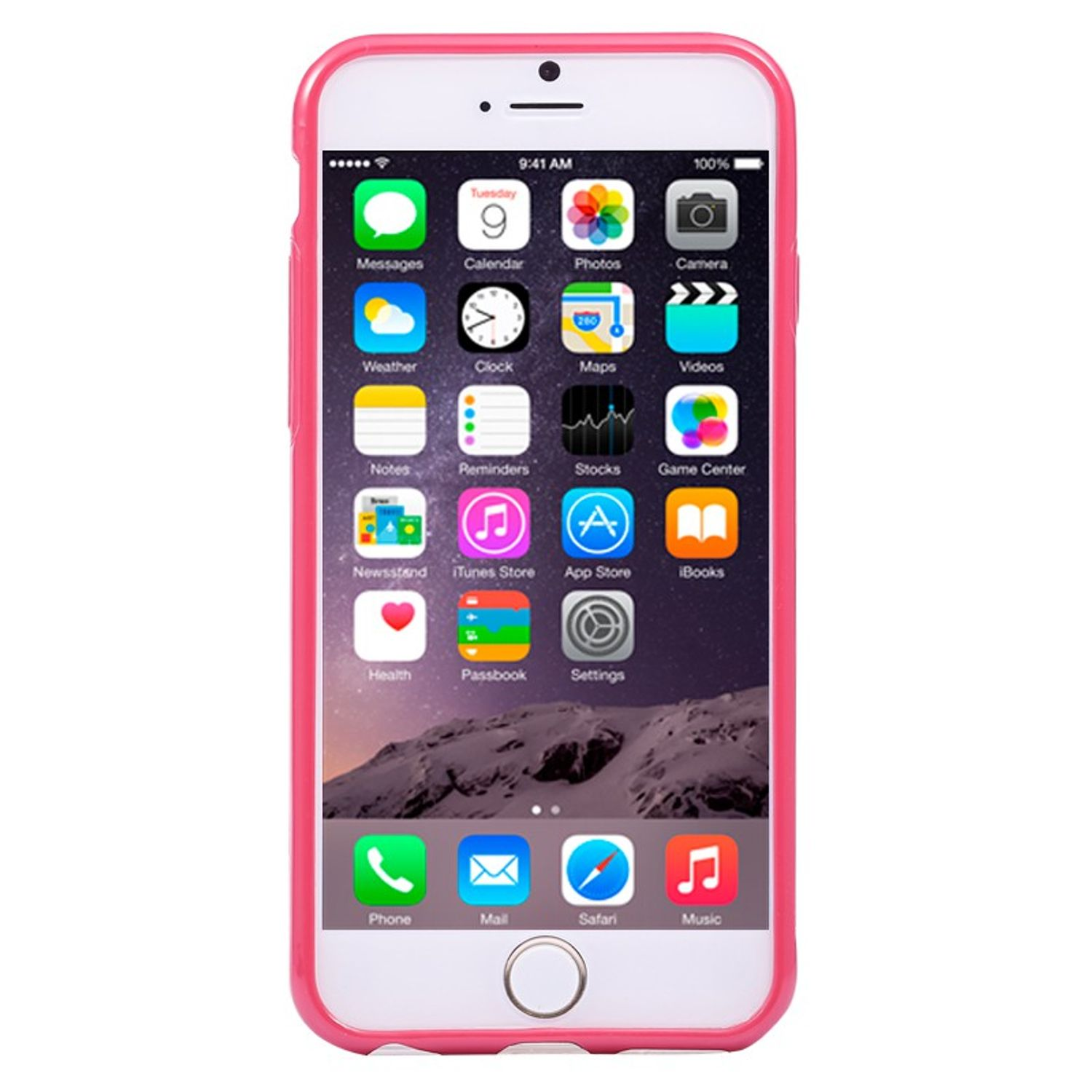 Weißes Telefon in einem rosa Gehäuse mit sichtbaren App-Symbolen.