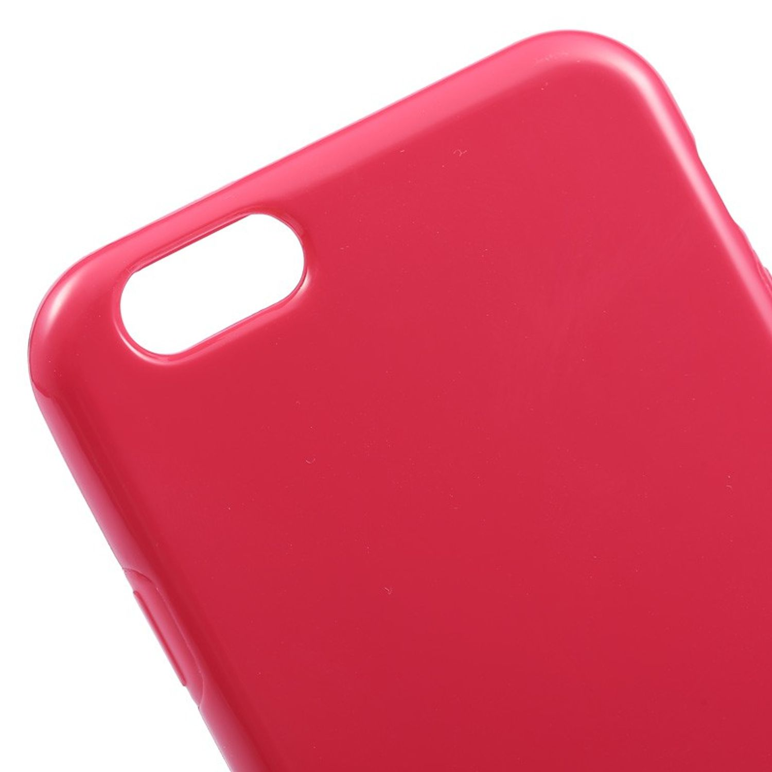 Eine rote Handyhülle, schlichtes Design, mit Kameraöffnung.