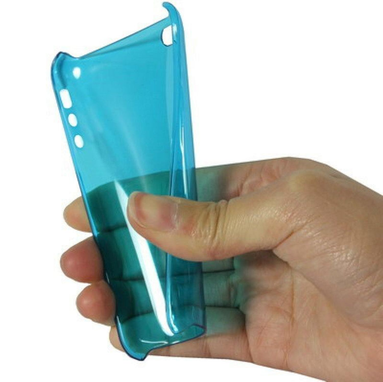 Blaue transparente Handyhülle, die von einer Hand gehalten wird. Es hat Löcher für Knöpfe.