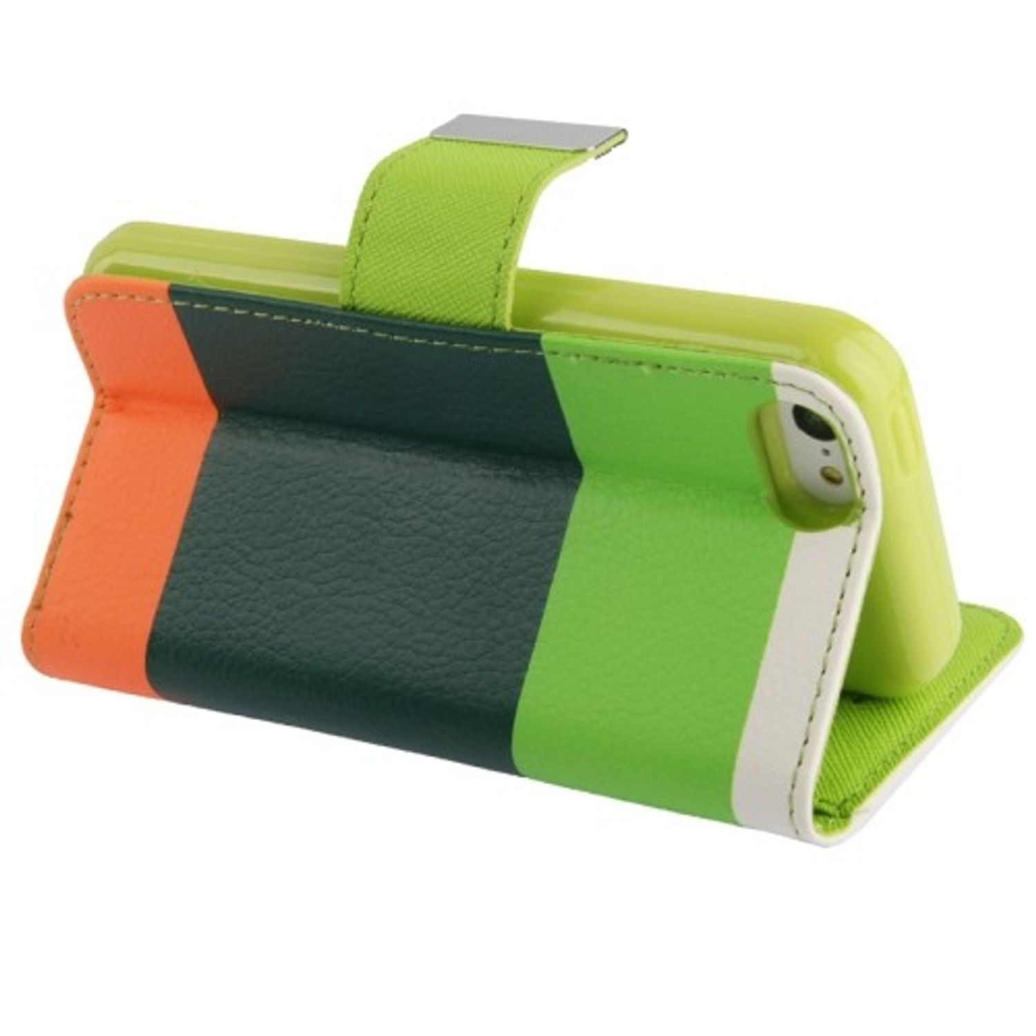 Eine bunte Handyhülle mit orangefarbenen, grünen und weißen Streifen auf grünem Hintergrund.