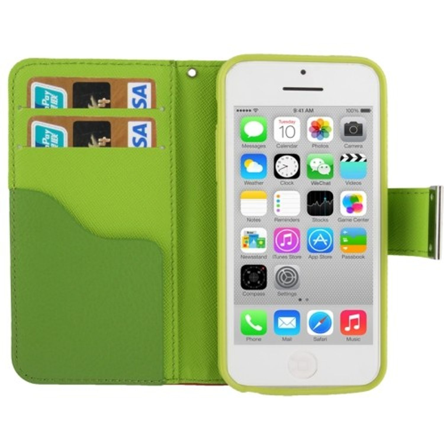 Grüne Handyhülle mit Karten und Telefon. Grün und weiß. Brieftaschenstil.