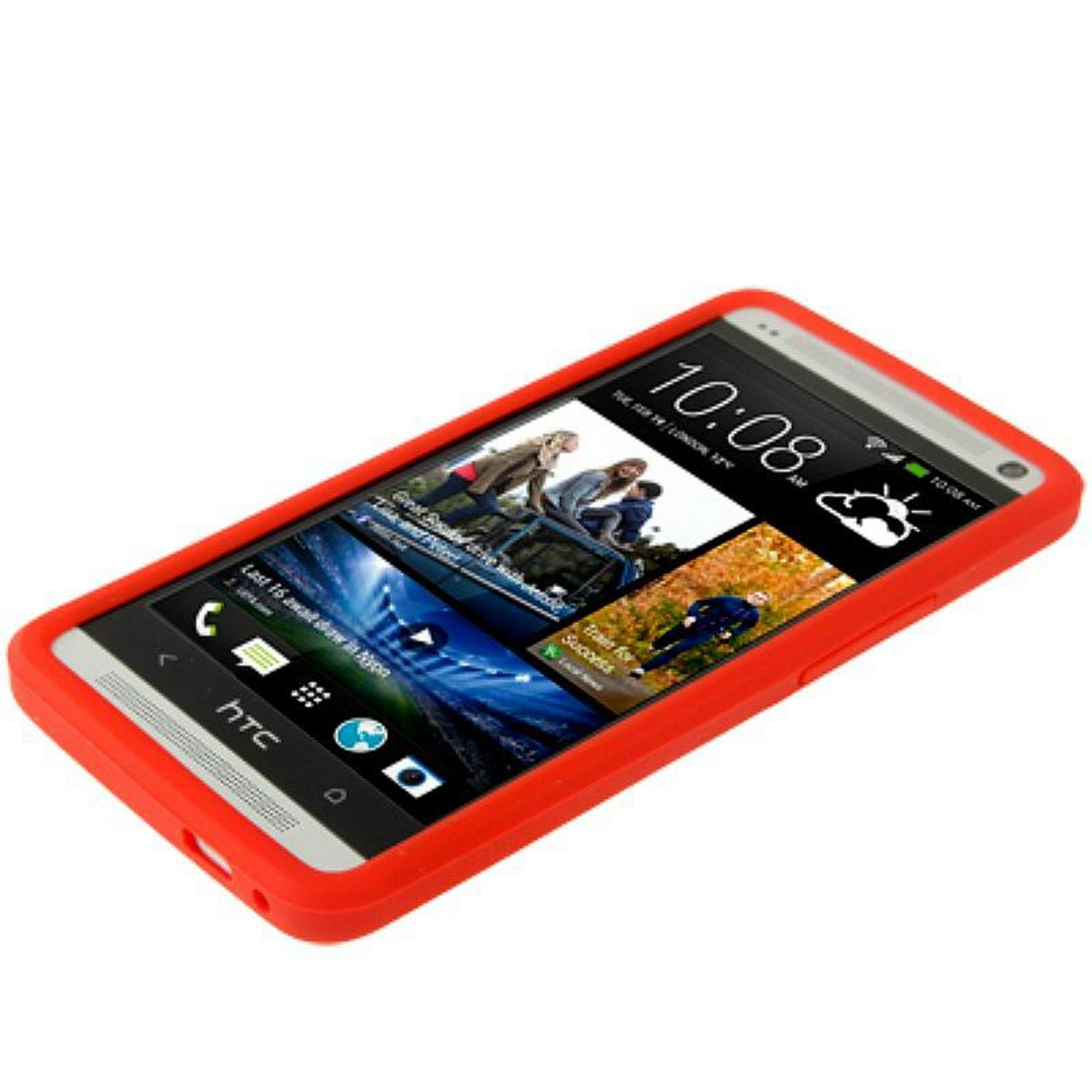 HTC-Telefon mit roter Hülle. Der Bildschirm zeigt eine Uhrzeit und Bilder.