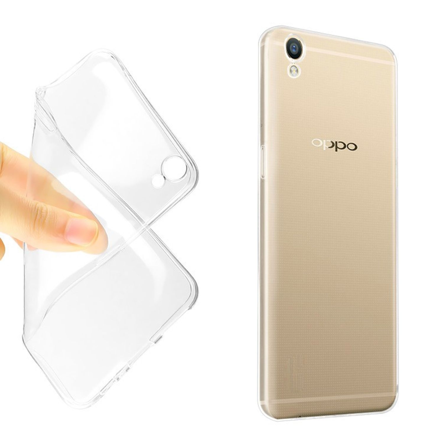 Transparente Handyhülle, die von Hand gehalten wird, neben einem goldfarbenen Telefon.