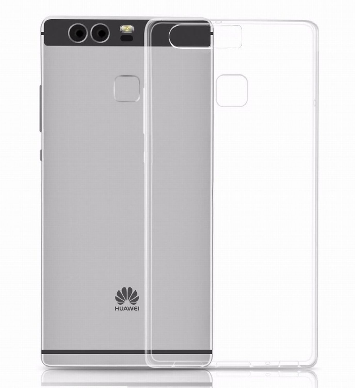 Silbernes Telefon mit klarer Hülle, mit Huawei-Logo. Die Hülle ist transparent.