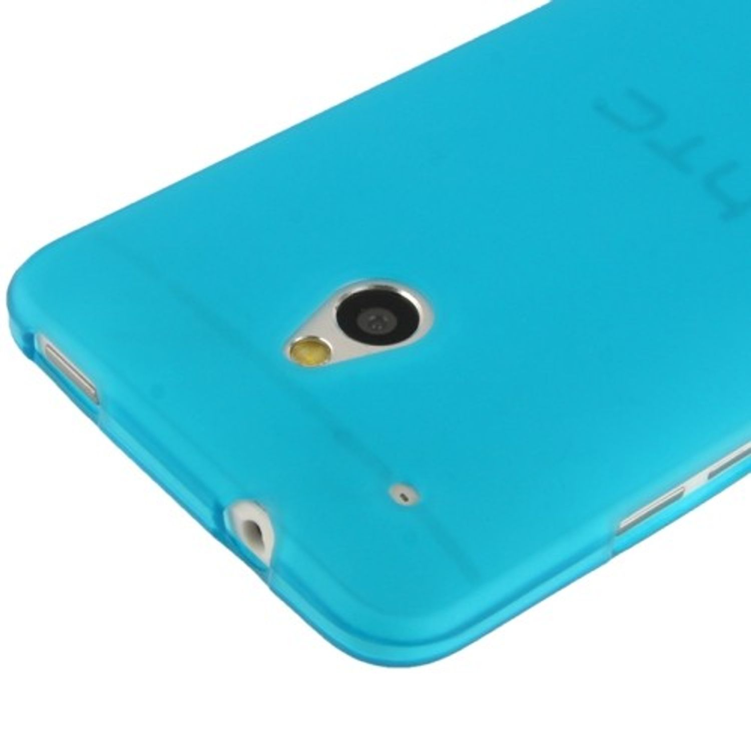 Blaue Handyhülle, Nahaufnahme der Rückseite. Zeigt die Kamera und das HTC-Logo.