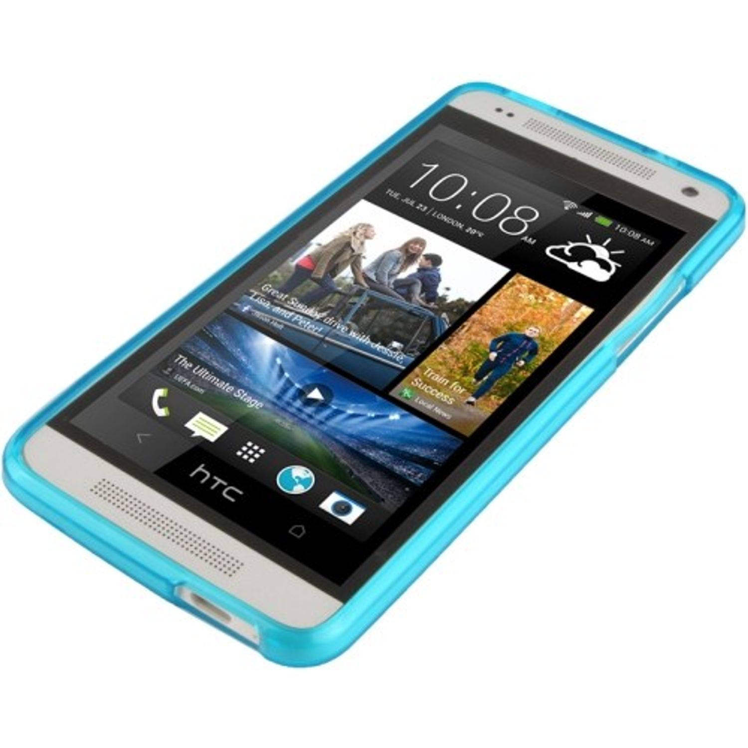Weißes Smartphone mit blauem Gehäuse, der Bildschirm zeigt einen Home-Bildschirm mit Symbolen und Uhrzeit.
