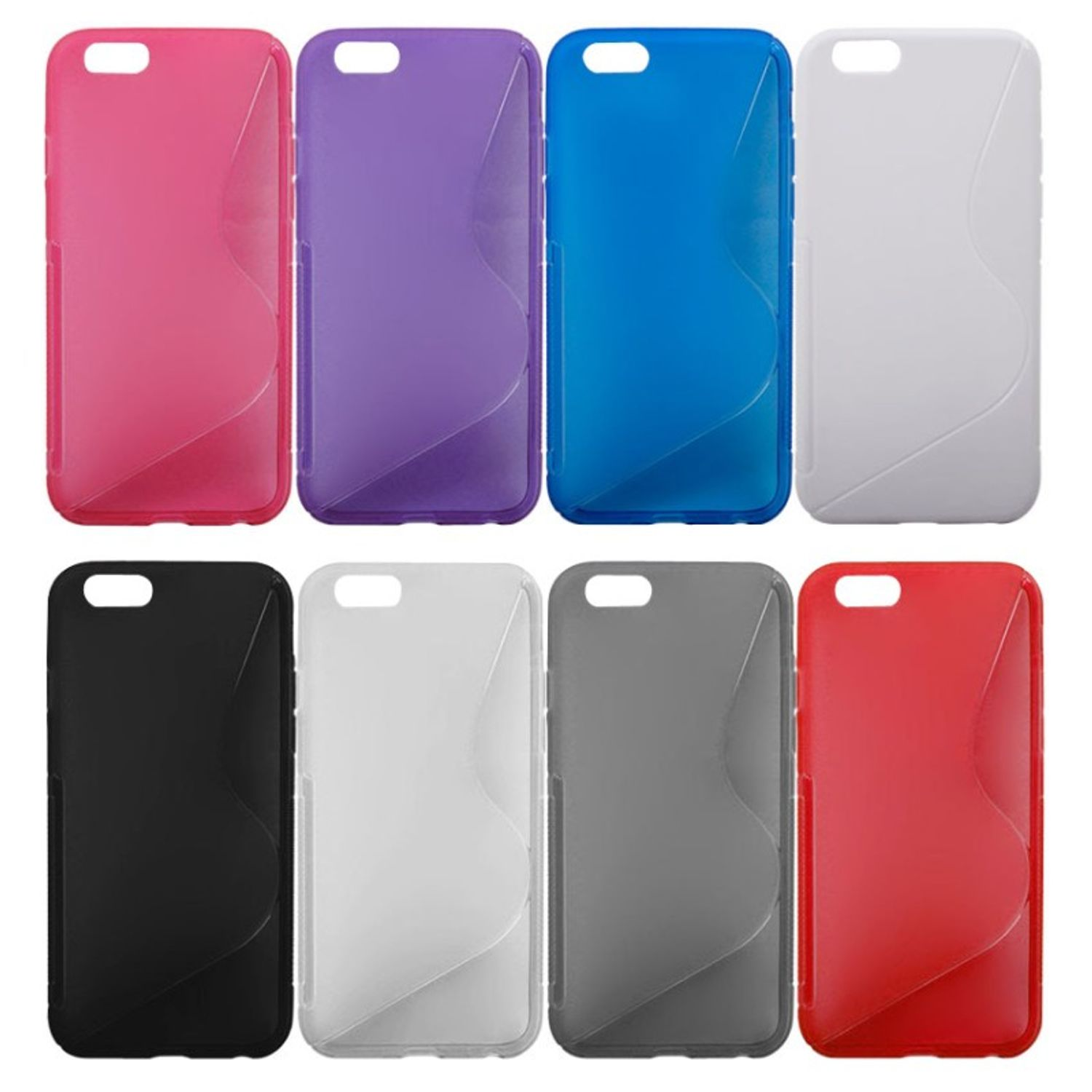 Acht Handyhüllen in verschiedenen Farben: Rosa, Lila, Blau, Weiß, Schwarz, Grau und Rot.