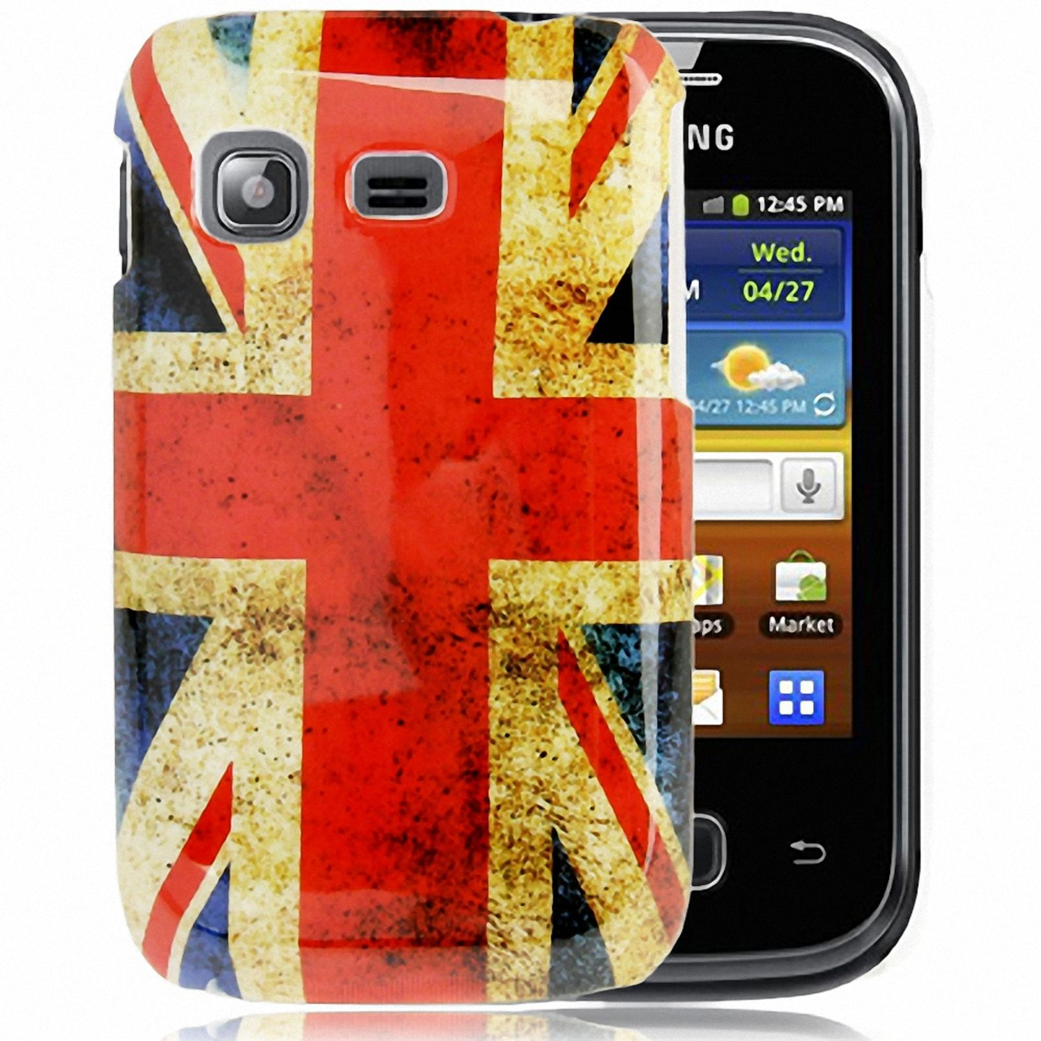 Handyhülle mit dem Design der britischen Flagge. Telefon angebracht. Weißer Hintergrund.