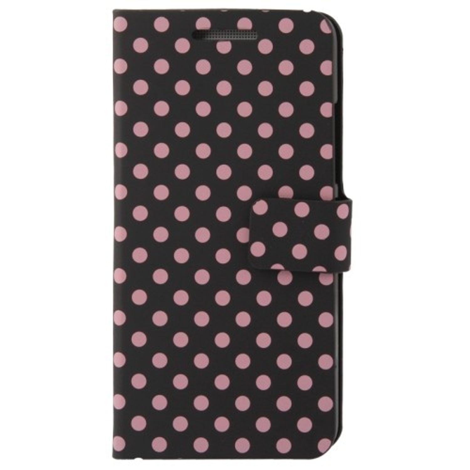Schwarze Handyhülle mit rosa Tupfen. Geschlossen, mit Laschenverschluss. Weißer Hintergrund.