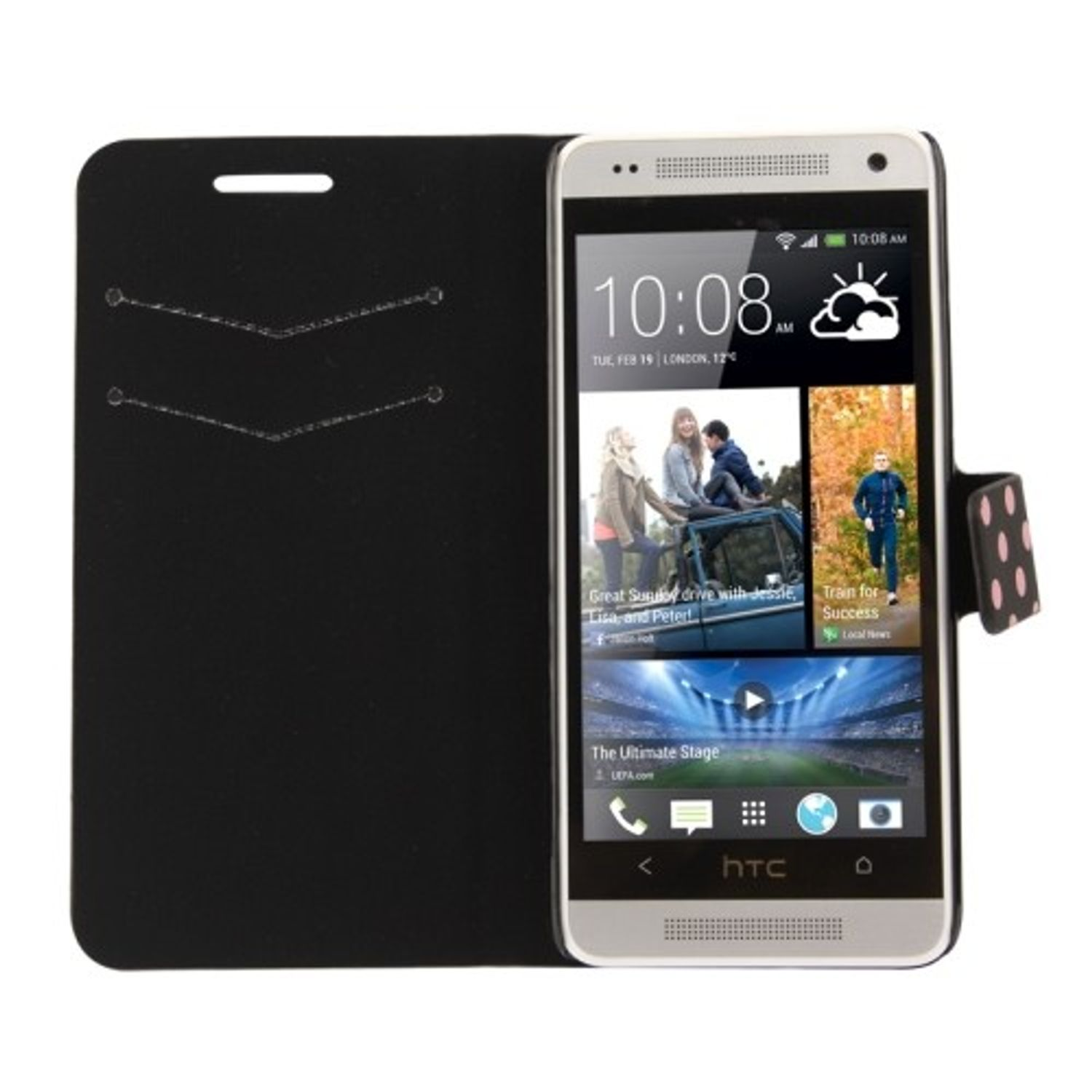 Telefon in schwarzem Etui. Der Bildschirm zeigt Uhrzeit und Bilder. Die Hülle ist offen und zeigt Telefon und schwarze Abdeckung.