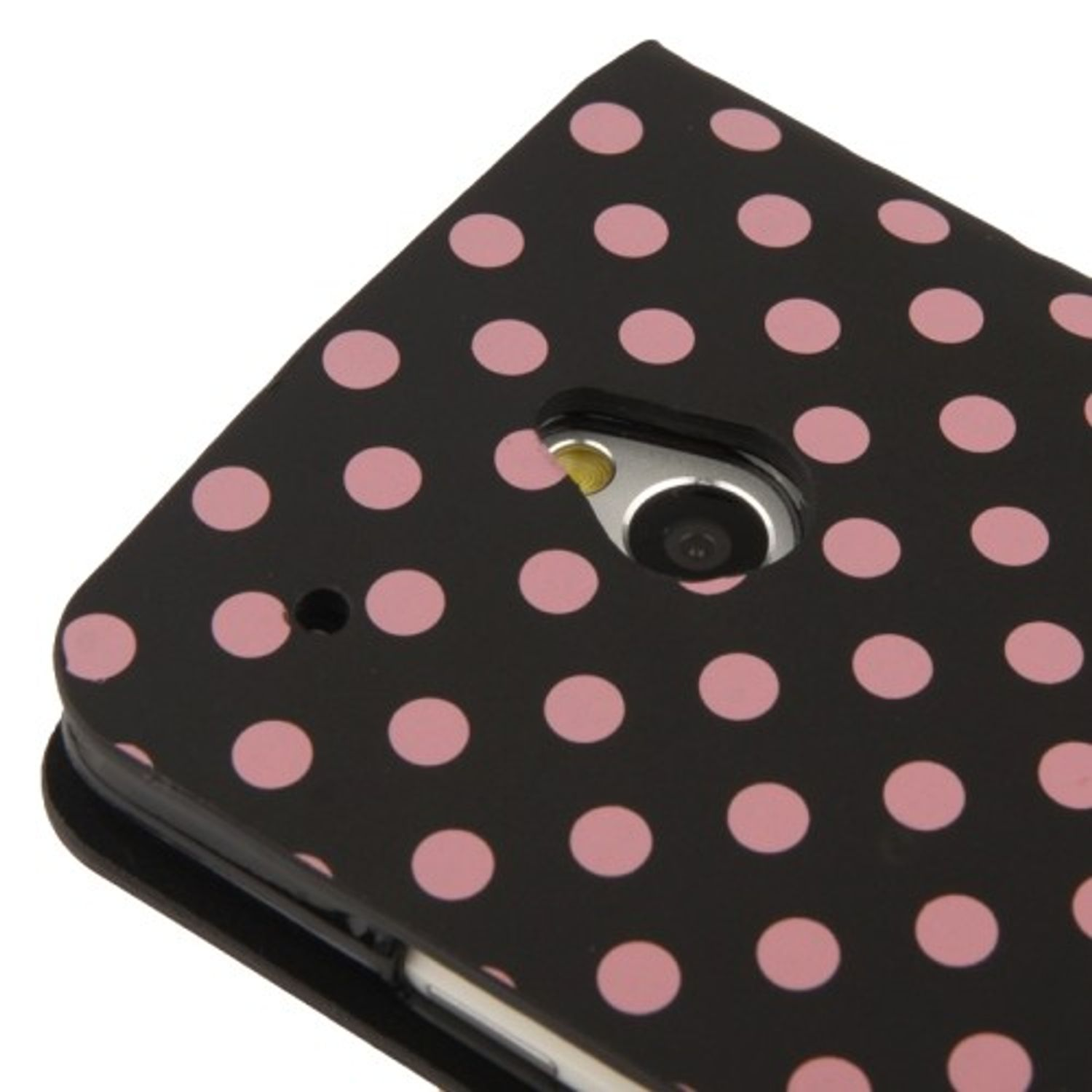 Schwarze Handyhülle mit rosa Punkten und Kameraausschnitt. Weißer Hintergrund.