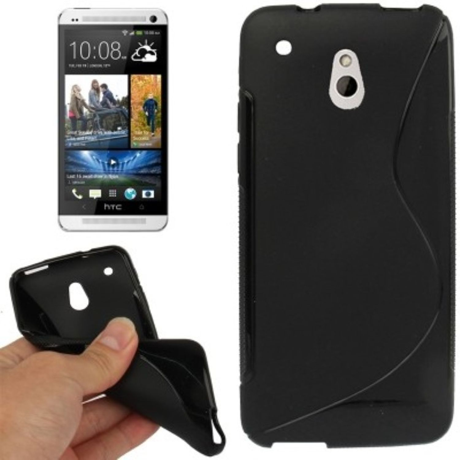 Schwarze Handyhülle und Telefon. Eine Hand hält die Hülle geöffnet. Weißes Telefon mit Bildschirm links.