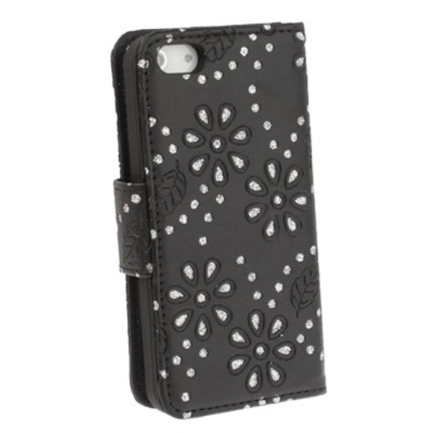 Schwarze Handyhülle mit floralen Aussparungen und silbernen Glitzerdetails auf weißem Hintergrund.