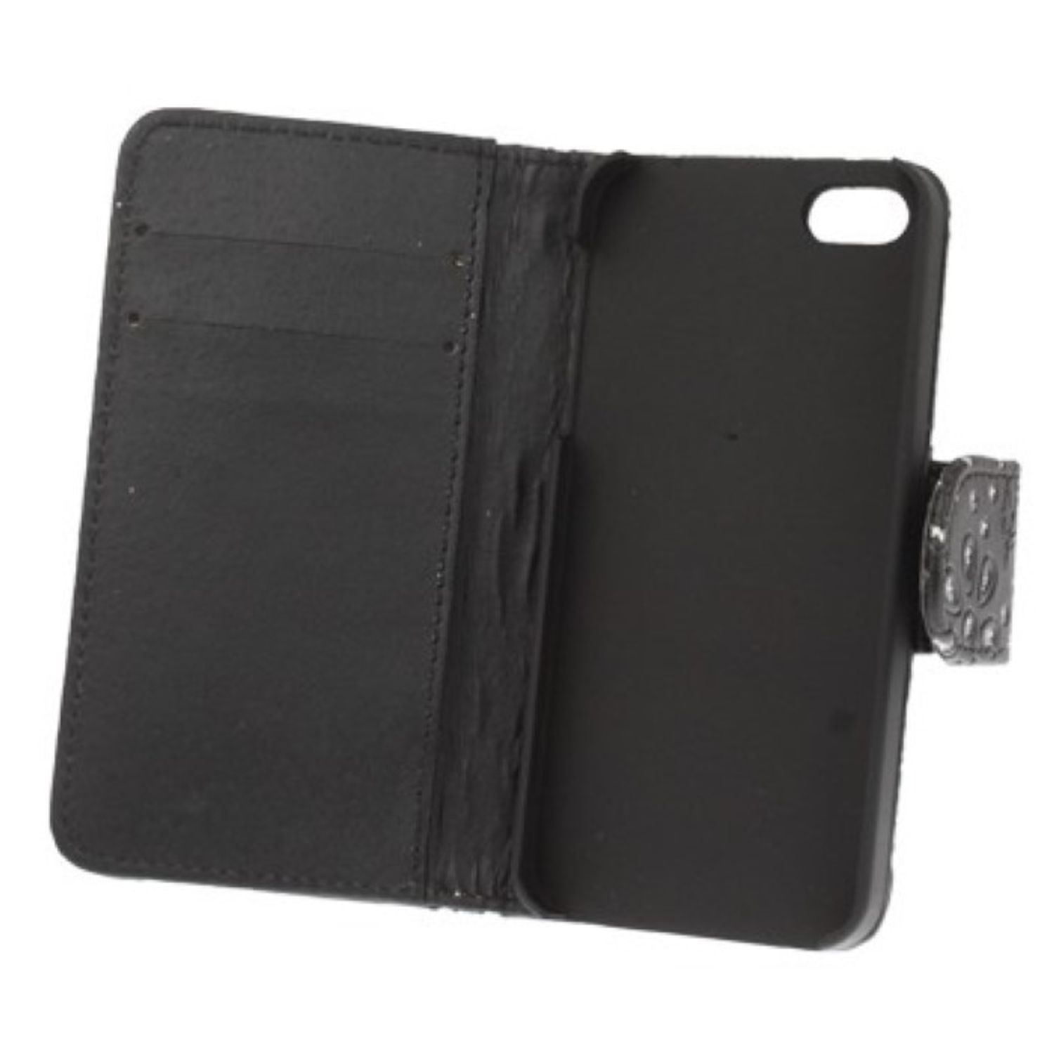 Schwarze Leder-Handyhülle geöffnet, zeigt Taschen und Telefonhalter. Weißer Hintergrund.