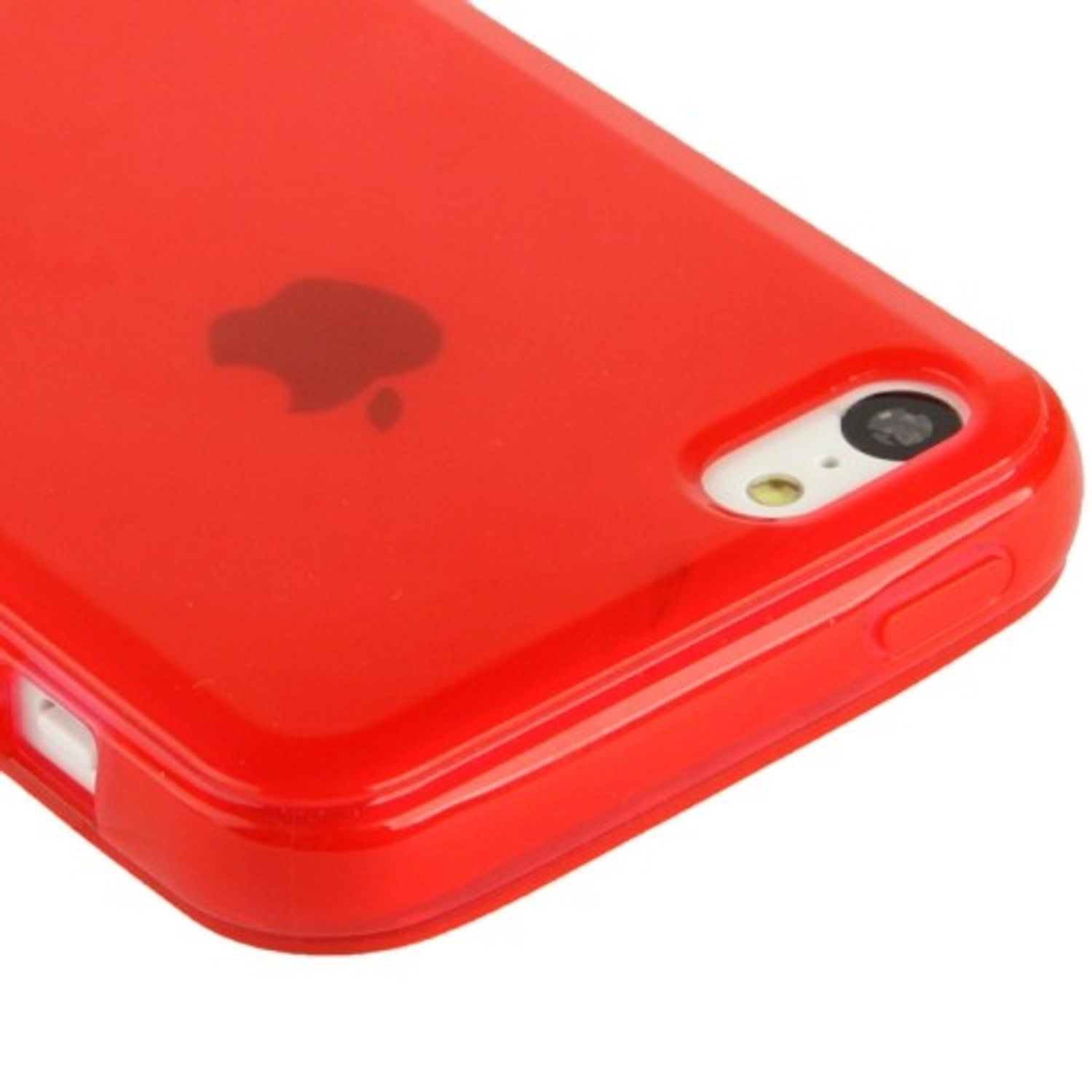 Eine rote Handyhülle mit dem Apple-Logo. Weißer Hintergrund.