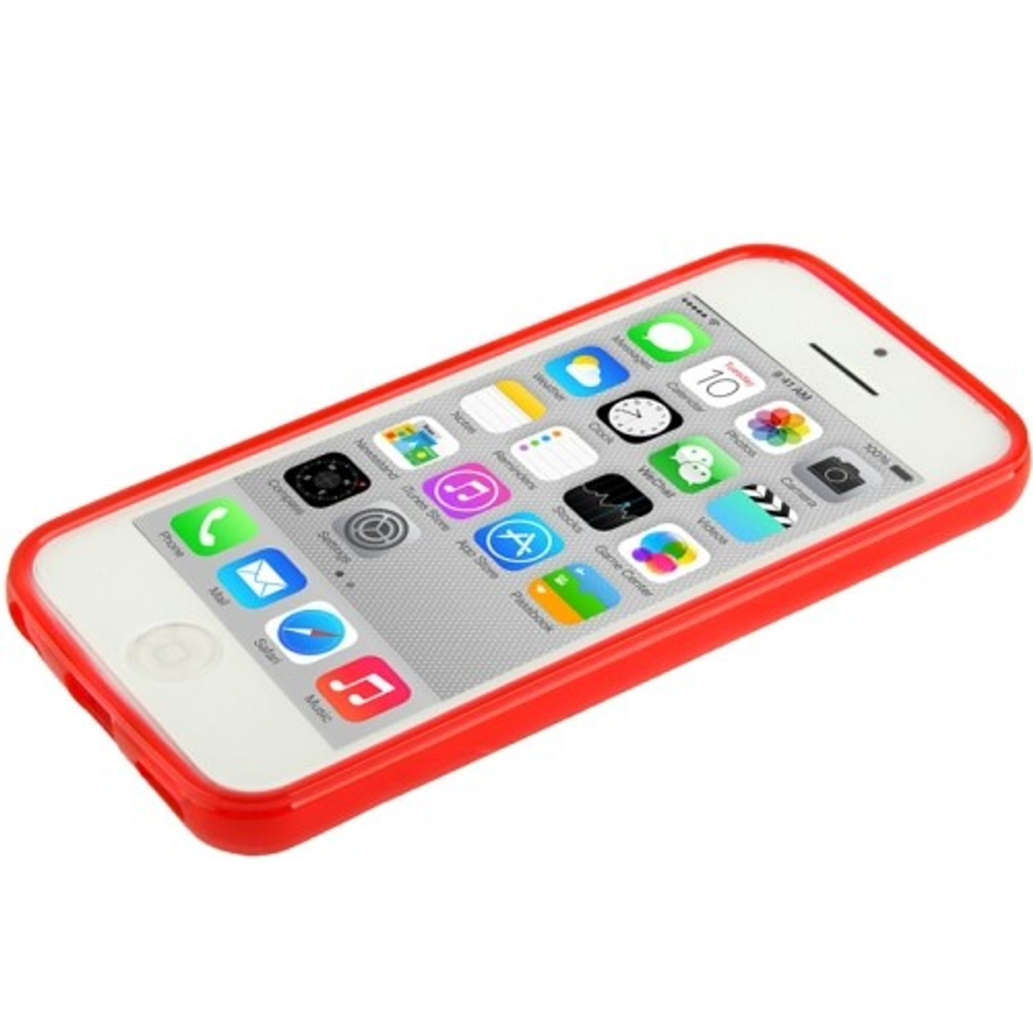 Telefon in roter Hülle. Der Bildschirm zeigt App-Symbole. Das Telefon liegt auf weißem Untergrund.