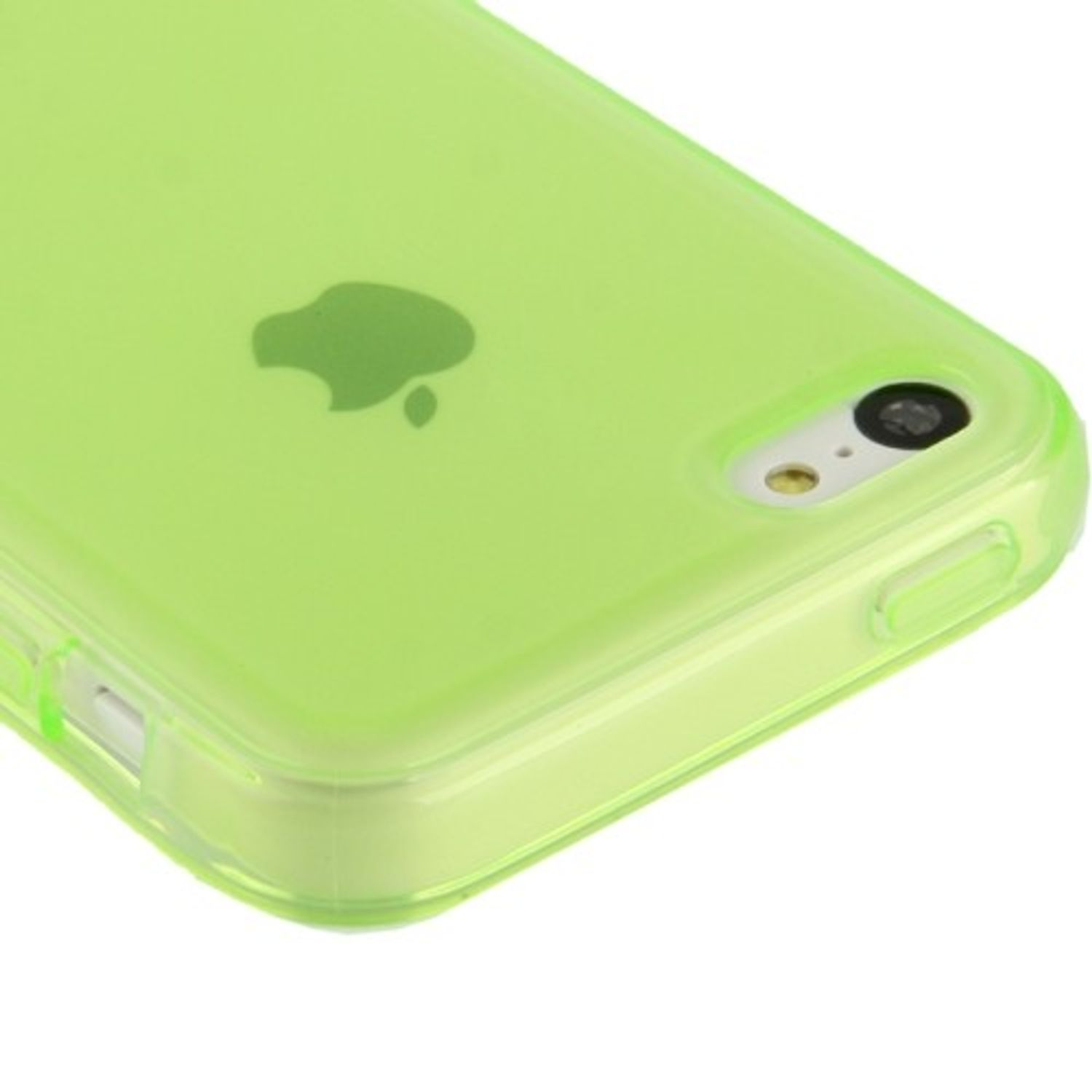 Grüne Handyhülle, Nahaufnahme. Zeigt Kamera und Apple-Logo, weißer Hintergrund.