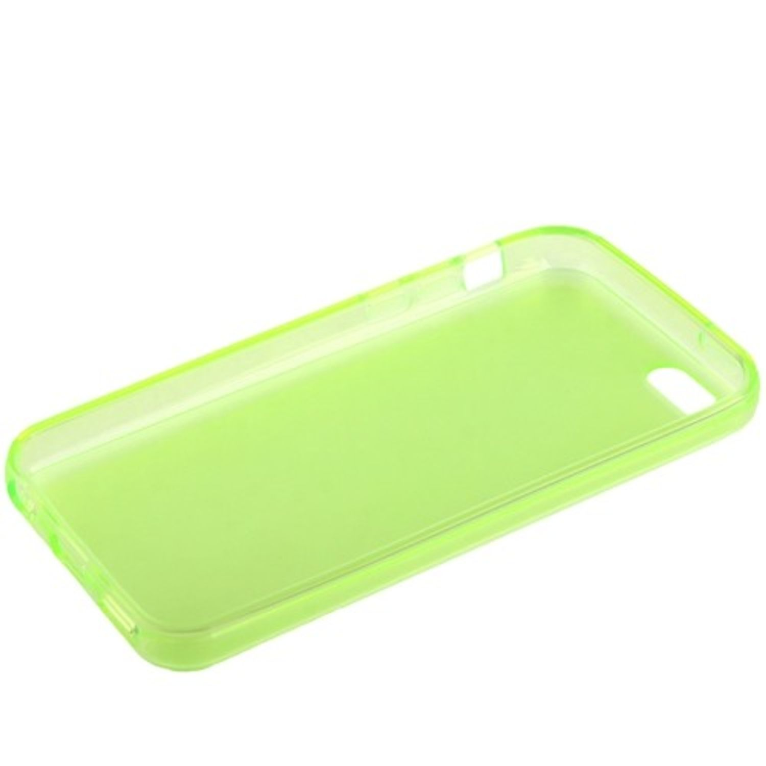 Grüne transparente Handyhülle auf Weiß. Sie hat eine rechteckige Form.