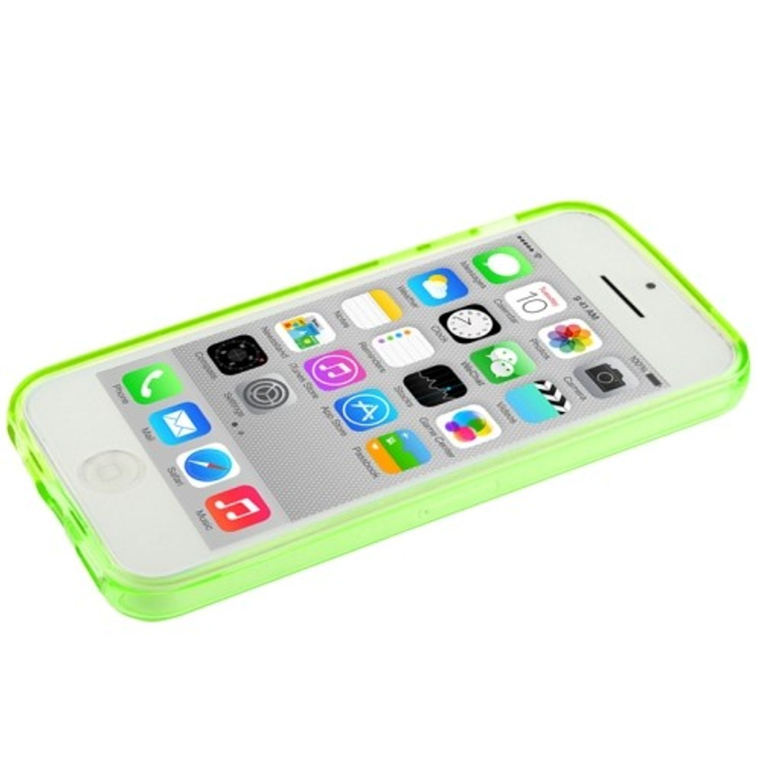 Weißes iPhone mit neongrüner Hülle. Weißer Hintergrund.