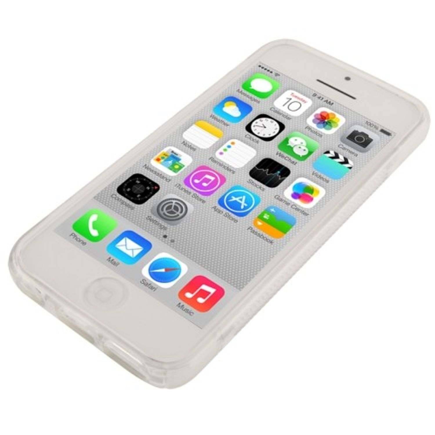 Weißes Telefon mit Symbolen auf dem Bildschirm, in einer transparenten Hülle.