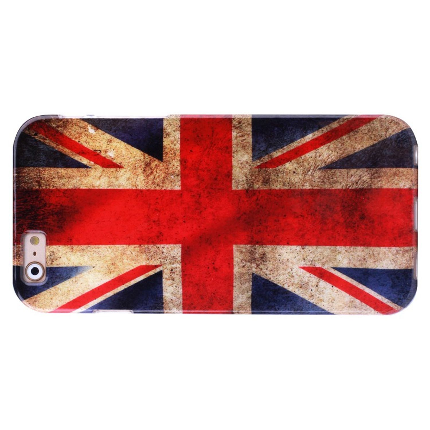 Eine Handyhülle mit dem Design der Union Jack Flagge wird vor weißem Hintergrund gezeigt.