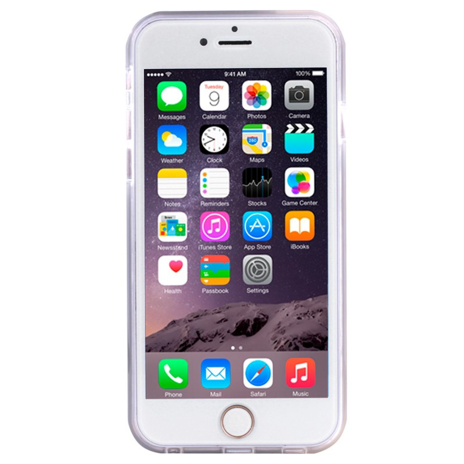 Ein weißes iPhone auf einem Tisch, das den Startbildschirm mit verschiedenen App-Symbolen zeigt.