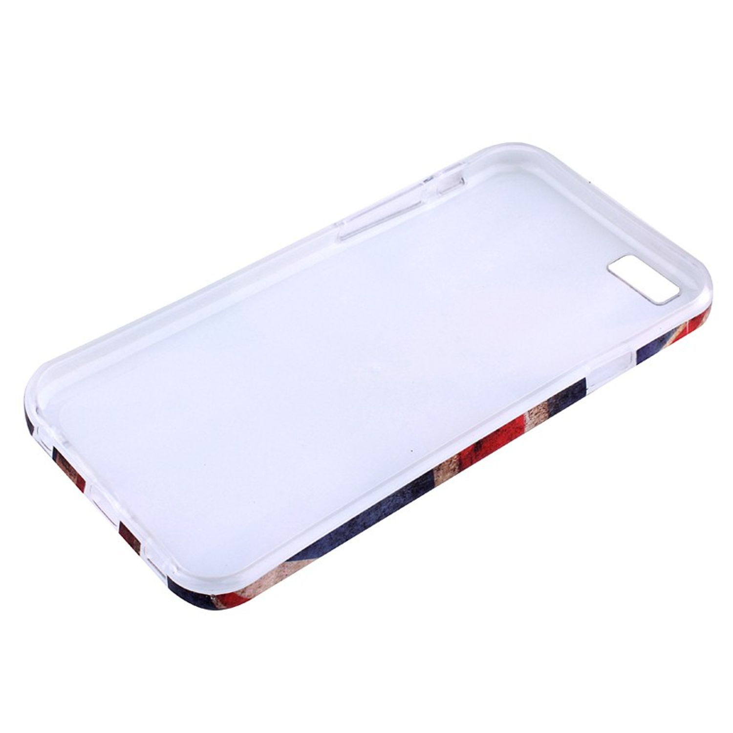 Transparente Handyhülle mit Flaggen-Design auf weißer Oberfläche.