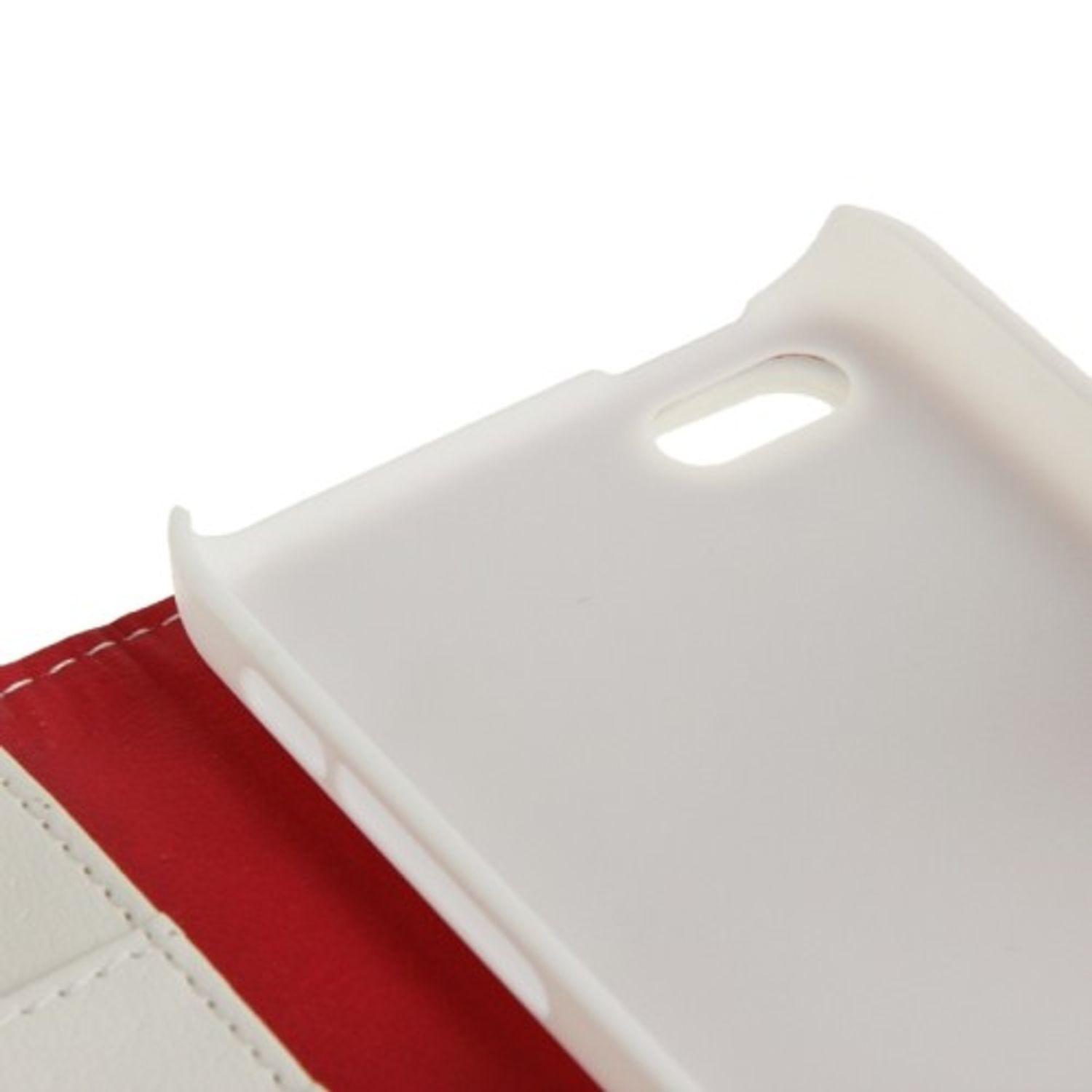 Weißes Handyhülleninnere mit roten Details und weißem Hintergrund. Die Hülle ist geöffnet.