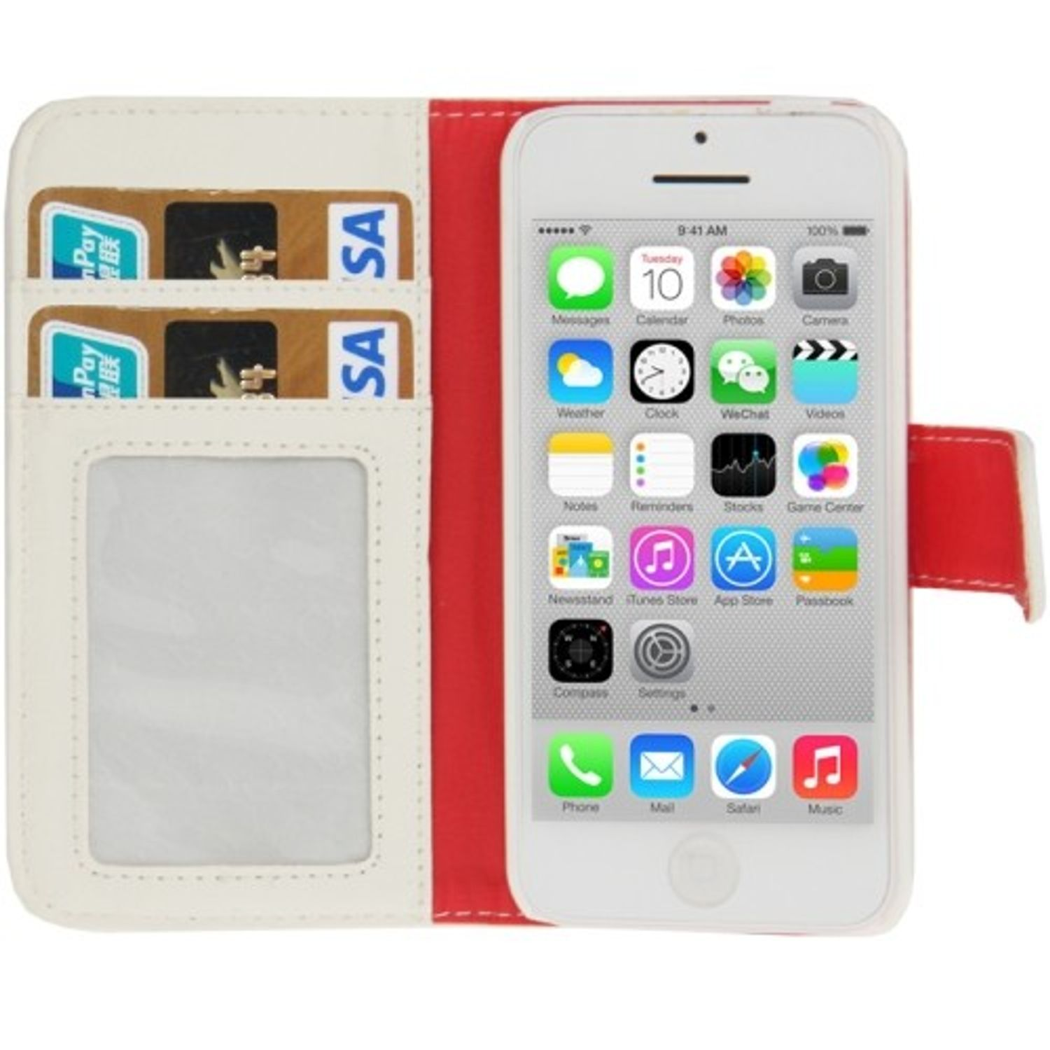 Weiß-rotes Handycase mit Telefon darin, App-Symbole zeigend.