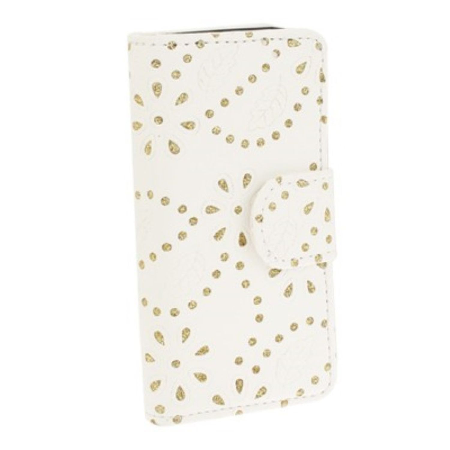 Weiße Handyhülle mit goldenem Blumendesign, geöffnet, um das Innere des Telefons zu zeigen.